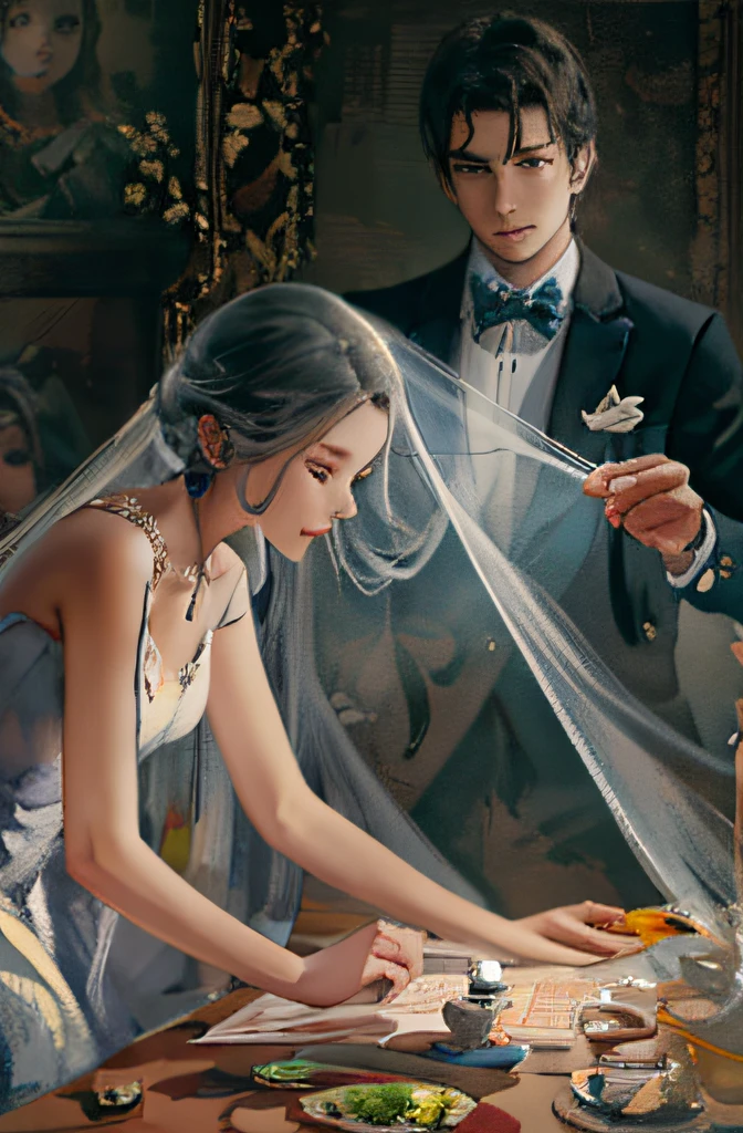 It's an art painting,Depicts a woman with long hair in a white dress,A man in a suit in the background, and this is a detailed illustration similar to a portrait of Rossi,Produced in an anime artist studio。The portrait shows the real girl of the kawaii,It shows amazing facial features。
