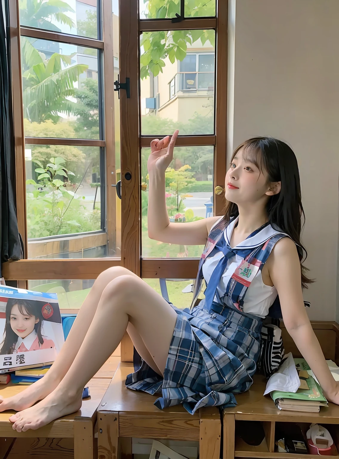 best qualtiy,tmasterpiece,超高分辨率,(realisticlying:1.4),teens girl,Juvenile, Thin and light,transparent pubic hair,夏天,Warmth,brightly,Japan School Uniform,校服,high waist skirt