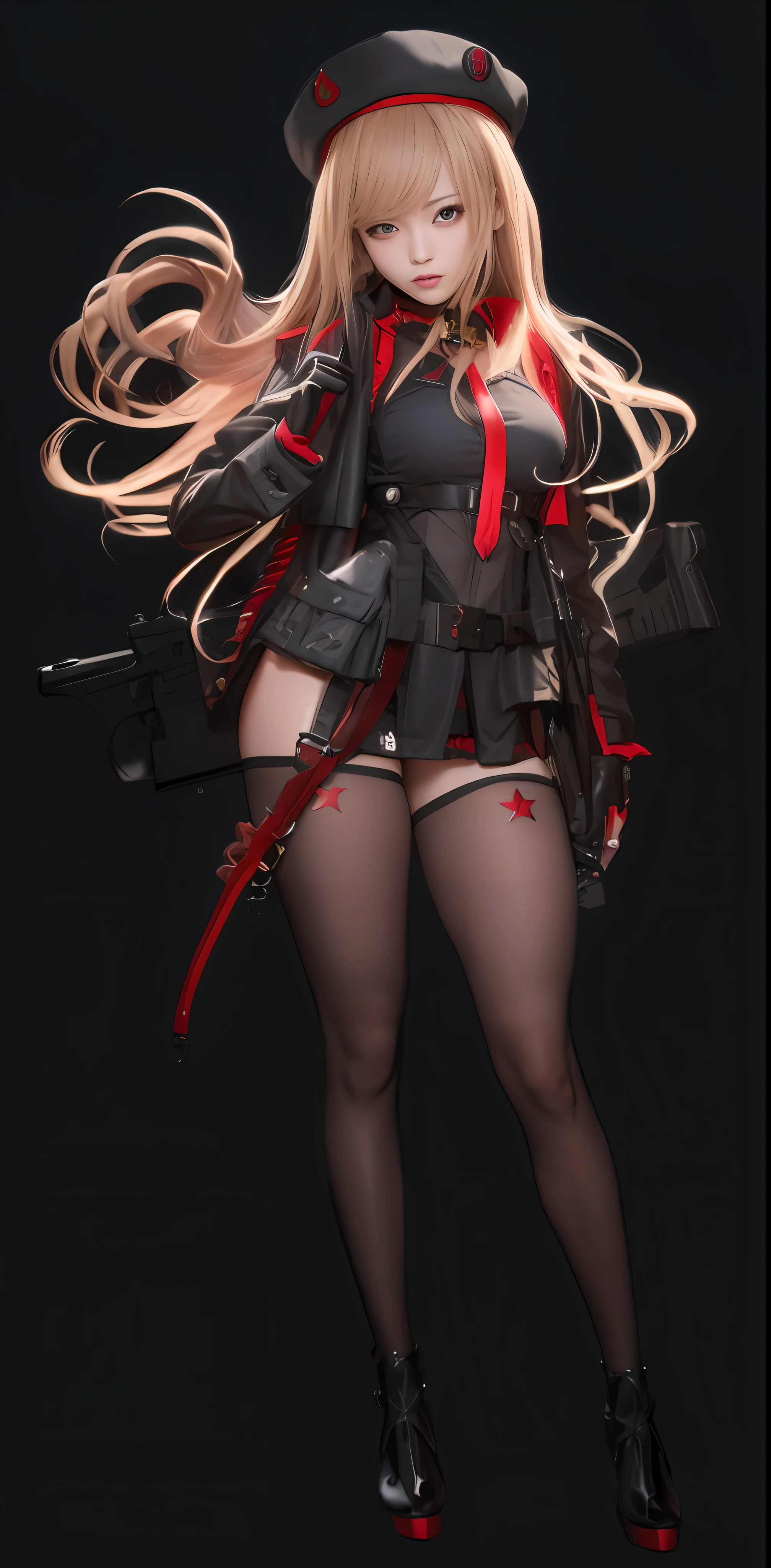 A hyper-realistic、ultra-detailliert、top-quality、hight resolution、Goddess of Japan with a gun on her back, Wearing a red and black hat and a red and black uniform、Cosplay Gravure Idol、long hair with voluminous brown blonde hair,,、G Cup、Wearing a black crop jacket with a large collar、Wearing black instep and red palm gloves、The right hand grabs the shoulder strap of the gun on the back at the base of the shoulder.、The waist belt comes with several small pouches、Bullets hang from both sides of the hips to the thighs、Red band hanging from under the chest、Black garter stockings with red star logo、Wear short boots with high heels in red and black intricate design