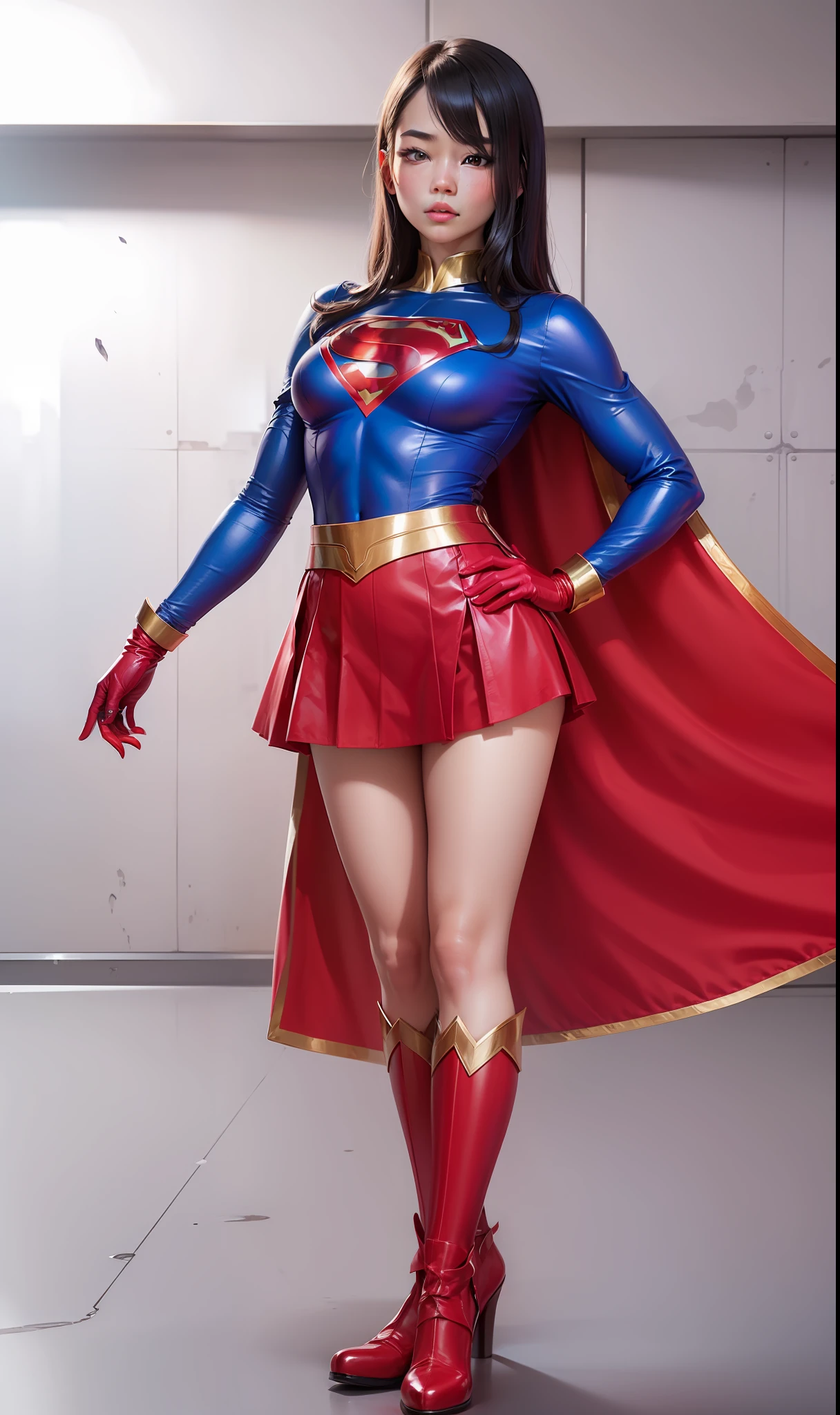 ((top-quality、8K、masterpiece:1.3))、女の子1人、Beautiful woman with slender abs:1.3、(Medium short hair)、hyperdetailed face、Patch Order、二重まぶた、Superheroine、Ally of justice、japanes、Hair is black、Skirt short、A dark-haired、Painful look、defeat、super girl、Wearing black stockings、stockings、Red Glove、Beautiful eyes、Bishoujo Warrior