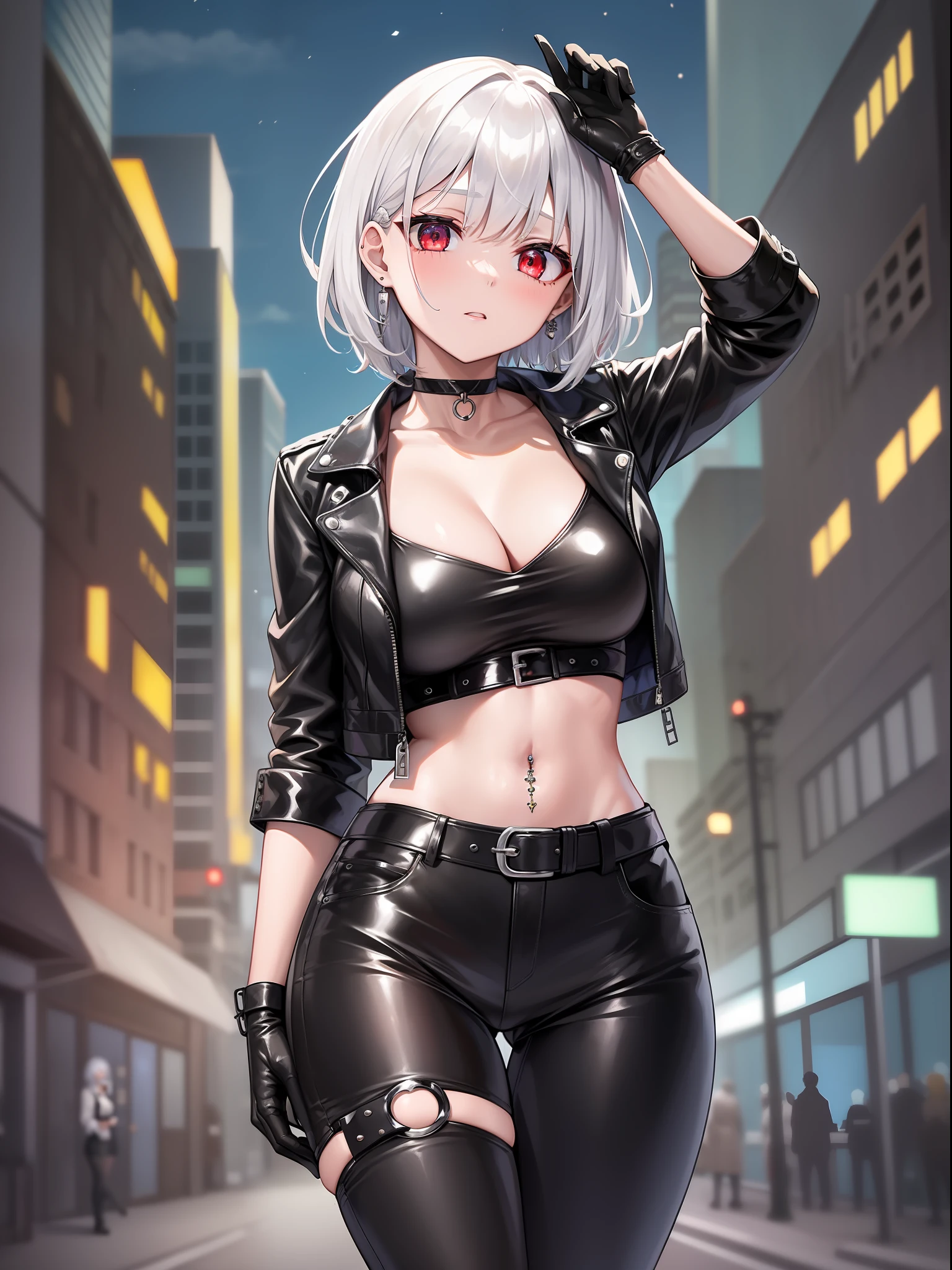 详细的脸、long eyeslashes、A detailed eye、(Beautiful eyes)、(Red eyes)、Shining eyes、White hair、short-hair(Grey Bob)Large breasts、Slimed、Leather gloves、Short leather jacket、Black Leather Skinny、Large earrings、a choker、((goggles))、nightcity、Black boots、leather pant、Cool Fashion、City of the Future、Navel piercing、hightquality、portlate、Accessories at the waist