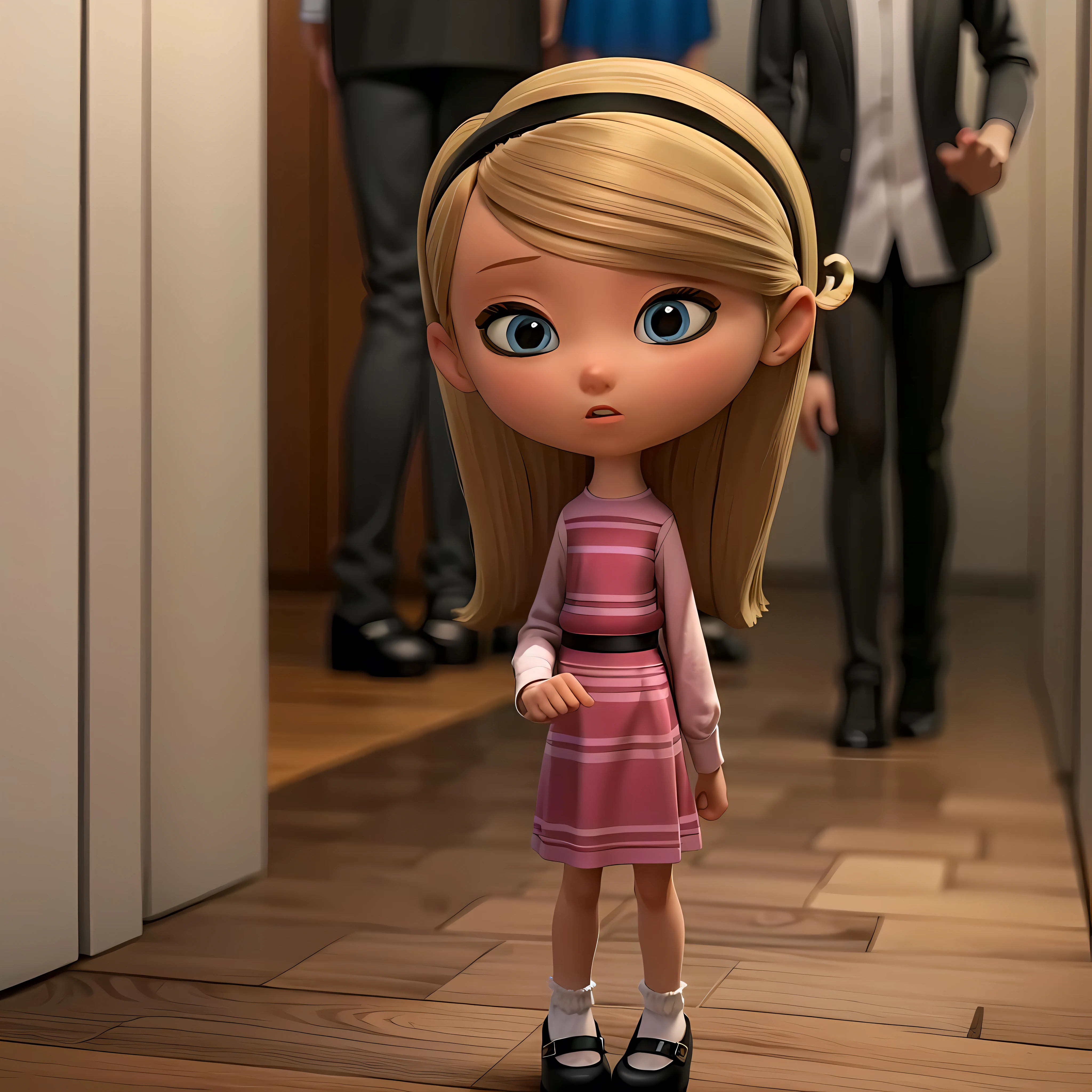 ((masterpiece, best quality)),(complex light), 1girl, full body, solo,child, penny peterson,blonde hair,hairband, pink dress, blue eyes, mary janes ,tube socks,