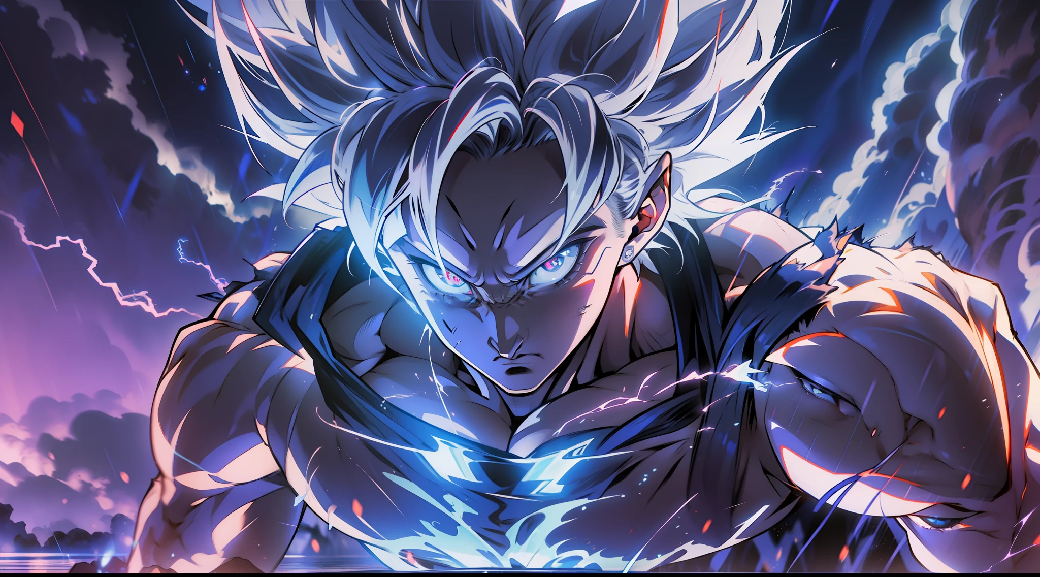 Son Goku transforming into Ultra Instinct surrounded by blue Aura and lightning full body shot, 4k, Silver Hair, Silver Pupils, high details, epic, cinematic