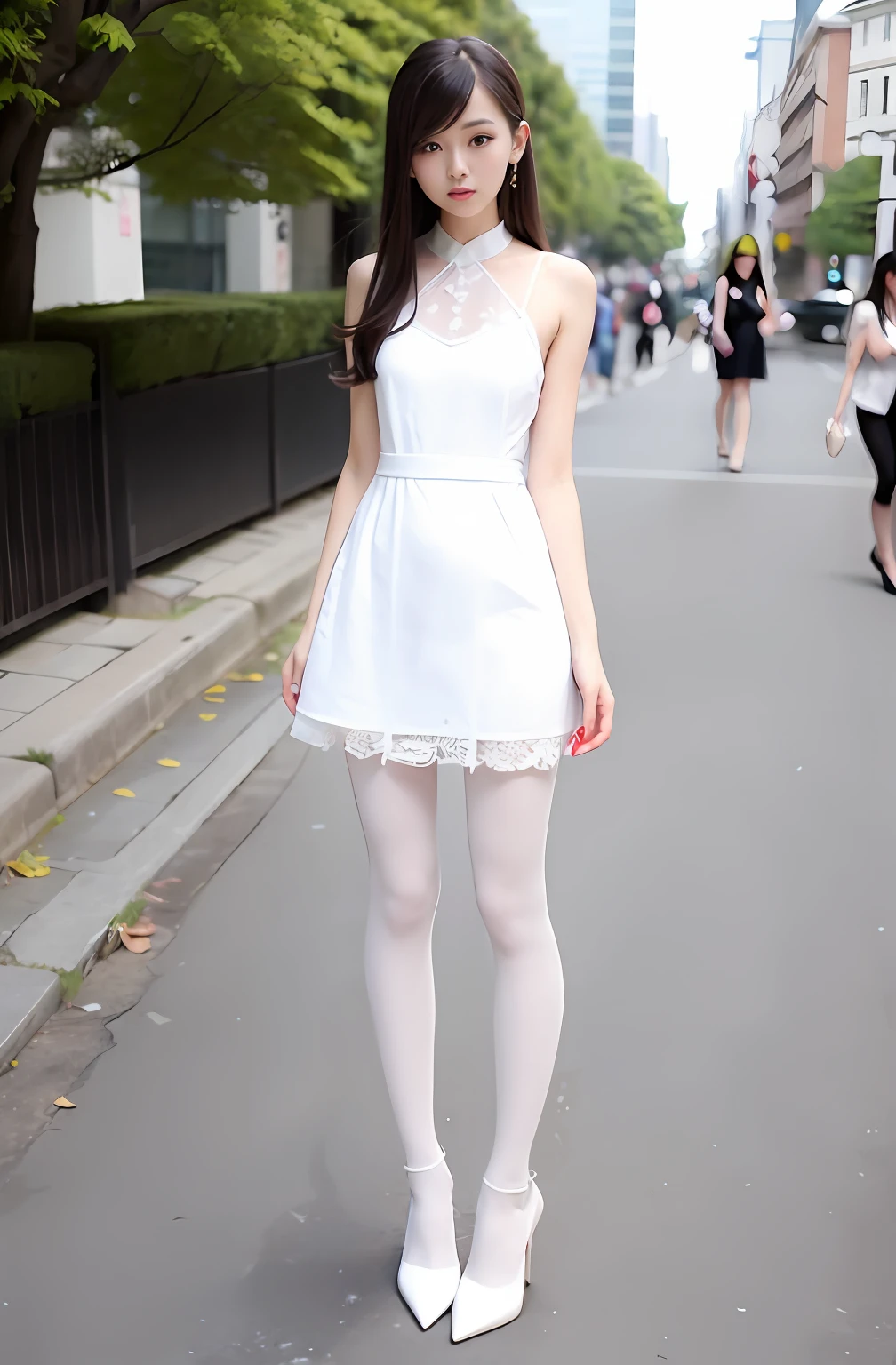 Woman in white lace dress standing on the sidewalk,Long thin legs, very beautiful long slim legs, very beautiful slim legs, Tights; On the street, chinese women's fashion model, mini-skirts, Long legs, Beautiful slim legs, photo of slim girl model, wearing tight simple clothes,White heels,realisticlying,hyper realisitc
