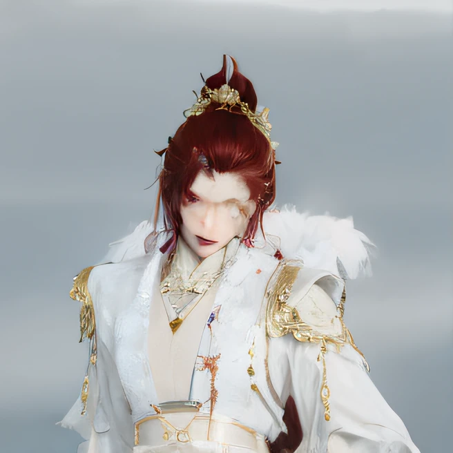 There was a man with red hair and white clothes, Delicate androgynous prince, Beautiful androgynous prince, Inspired by Bian Shoumin, roguish smirk, golden-white robes, wearing gilded ribes, full-body xianxia, royal elegant pose, Inspired by Huang Shen, final fantasy 14 style, wearing gilded red robes