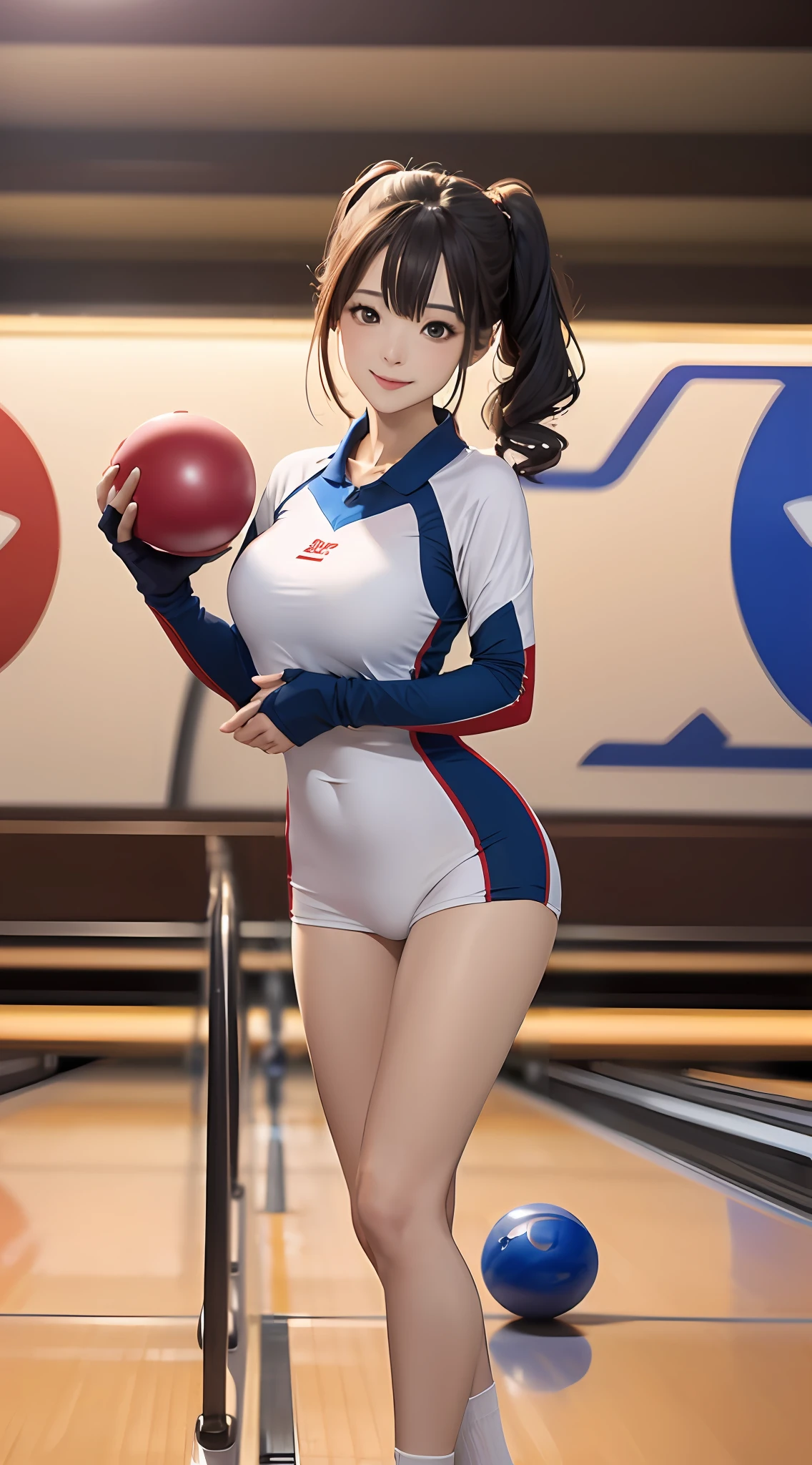 ((top-quality、masuter piece、:1.3))、(Photorealsitic:1.37)、foco nítido:1.2、Beautiful woman with perfect body shape:1.4、25-years old、Highly detailed facial and skin texture、A detailed eye、二重まぶた、beautiful countenance、Adult face、middlebreasts、From head to knee、American Bowling Alley、Hand holding bowling ball、Bowling Wear、(Bob Hairstyles)、a serene smile