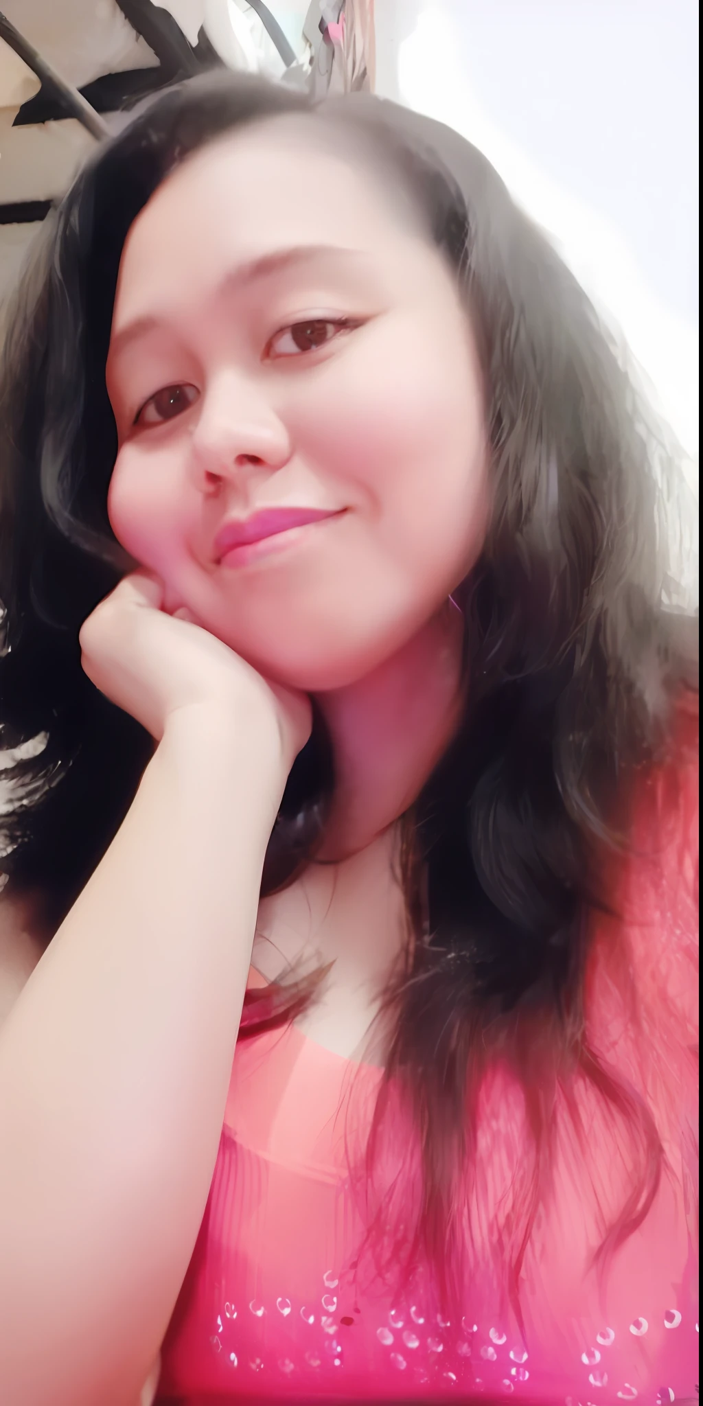 there is a woman that is sitting down with her hand on her chin, profile image, candid picture, candid photo, profile picture, very very low quality picture, by reyna rochin, profile pic, with accurate face, 3 0 years old woman, 30 years old woman, with a pouting smile, not blurry, 2 7 years old, desaturated!!