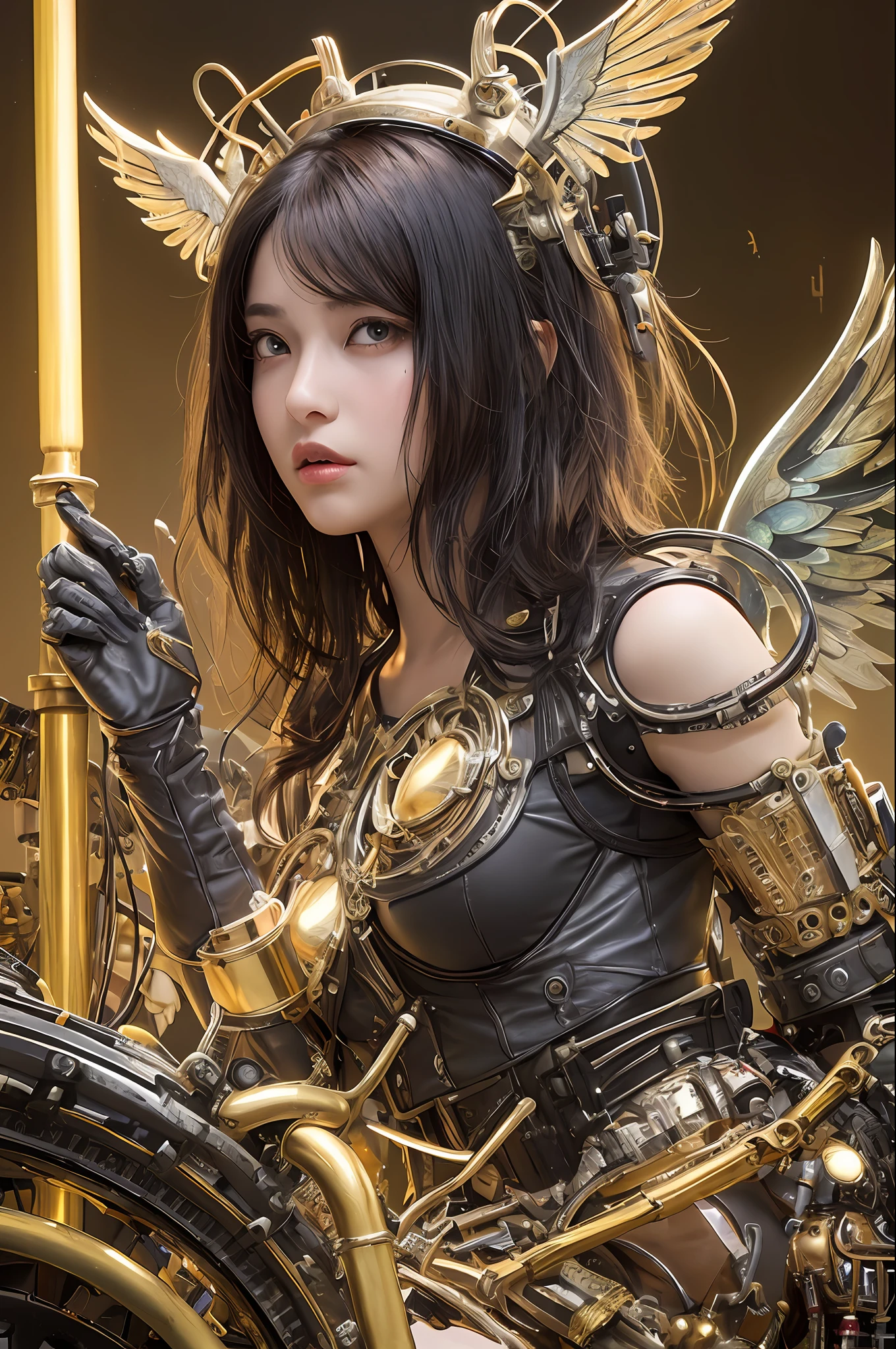 top-quality、masterpiece、超A high resolution、(Photorealsitic:1.4)、Raw photo、1人、Black hair、glowy skin、1 Mechanical Angel、large metal wings、Shining Angel Circle、((super realistic details))、portlate、globalillumination、Shadow、octan render、8K、ultrasharp、Colossal tits、Raw skin is exposed in cleavage、metals、Details of complex ornaments、Steampunk details、vacuum tubes、Nixie Kan、Oil pressure gauge、Glass Kan、Analog Meter、gear wheel、gear、Golden hydraulic cylinder、highly intricate detail、Realistic light、CGSoation Trends、a purple eye、radiant eyes、Facing the camera、neon details、Mechanical limbs、blood vessels connected to tubes、Mechanical vertebrae attached to the back、mechanical cervical attaching to neck、sitting on、Wires and cables connecting to the head、evangerion、Small LED lamp、Sumerian details、