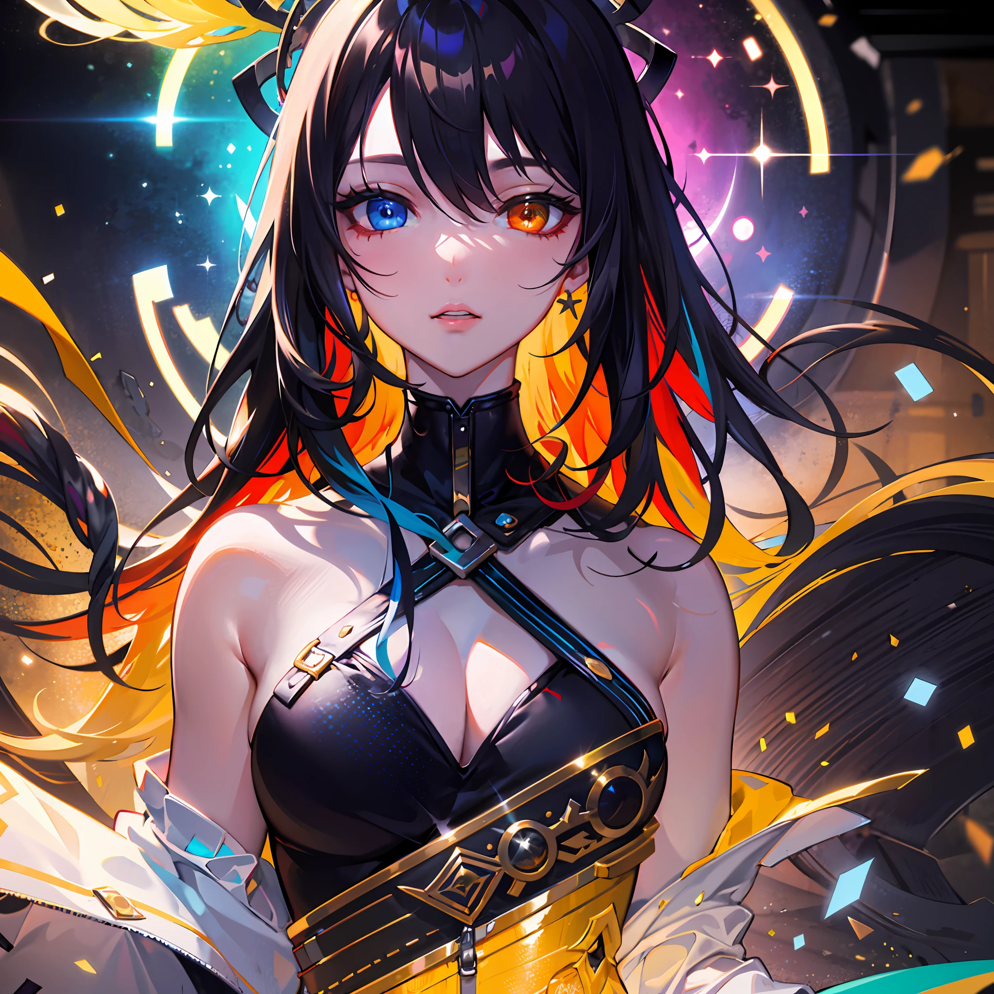 {{masterpiece}}, best quality, extremely detailed CG unity 8k wallpaper, cinematic lighting, lens flare, beautiful detail eyes, black, side glance, multicolor hair, colorful light, particles, heterochromia, (colorful:1.5), (colorful hair:1.5),