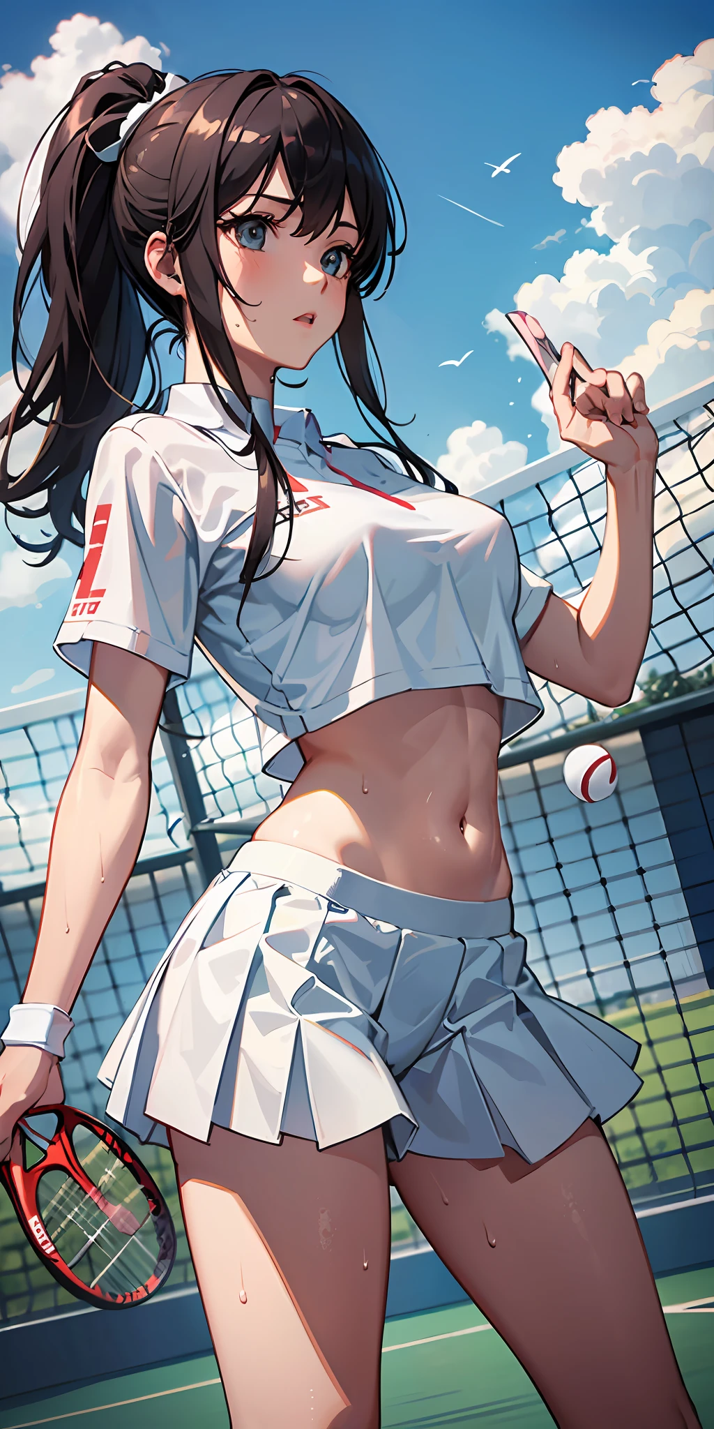 1girll,tennis player,s the perfect face,crisp breasts, Convex buttocks,White sports short sleeves,Short white pleated skirt,White lace panties,White sport socks,White tennis shoes,Wet hair,High ponytail,body soaking wet,Swing the paddle,tennis court,Sunnyday,Clouds, Detailed background, Clothing details, perfectly proportioned, filmgrain, Fuji colors, lightand shade contrast, tmasterpiece, high detal, high qulity, A high resolution, Cinematic lighting, 8K, Textured skin, Super detail