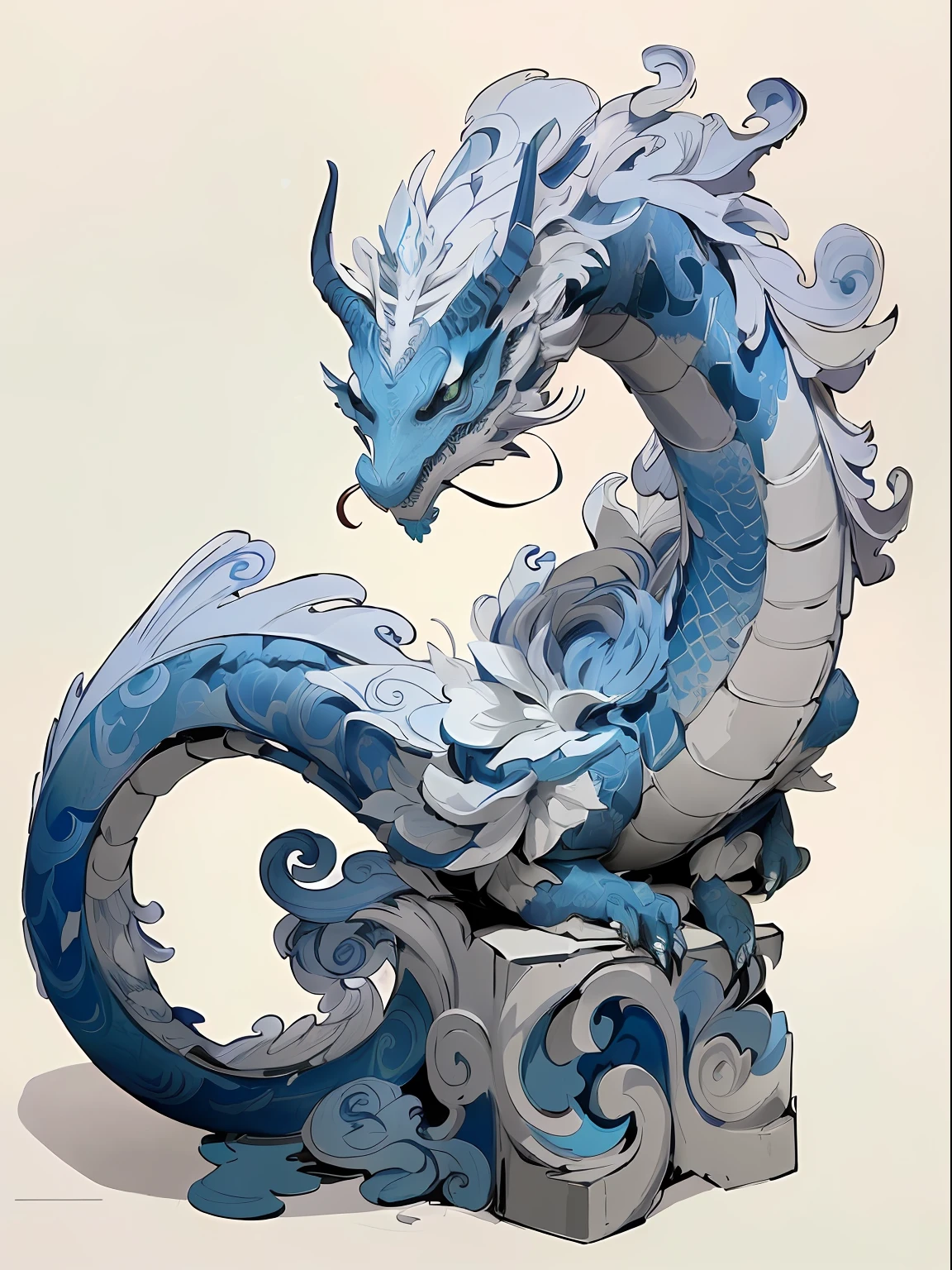 There is a dragon statue made of paper，It has a blue and white pattern on it, water dragon, chinese dragon concept art, Blue dragon, Dragon Art, intricate ornate anime cgi style, cyan chinese dragon fantasy, smooth chinese dragon, highly detailed water colour 8k, highly detailed water colour 8 k, inspired by Kanō Naizen, majestic japanese dragon, highly detailed and colored，offcial art，统一 8k 壁纸，ultra - detailed，Beauty and aesthetics，big breasts beautiful，tmasterpiece，Best quality at best，（zentangle，datura，Tangles，entangled），（ecstasy of flower：1.2）dynamic angle --auto
