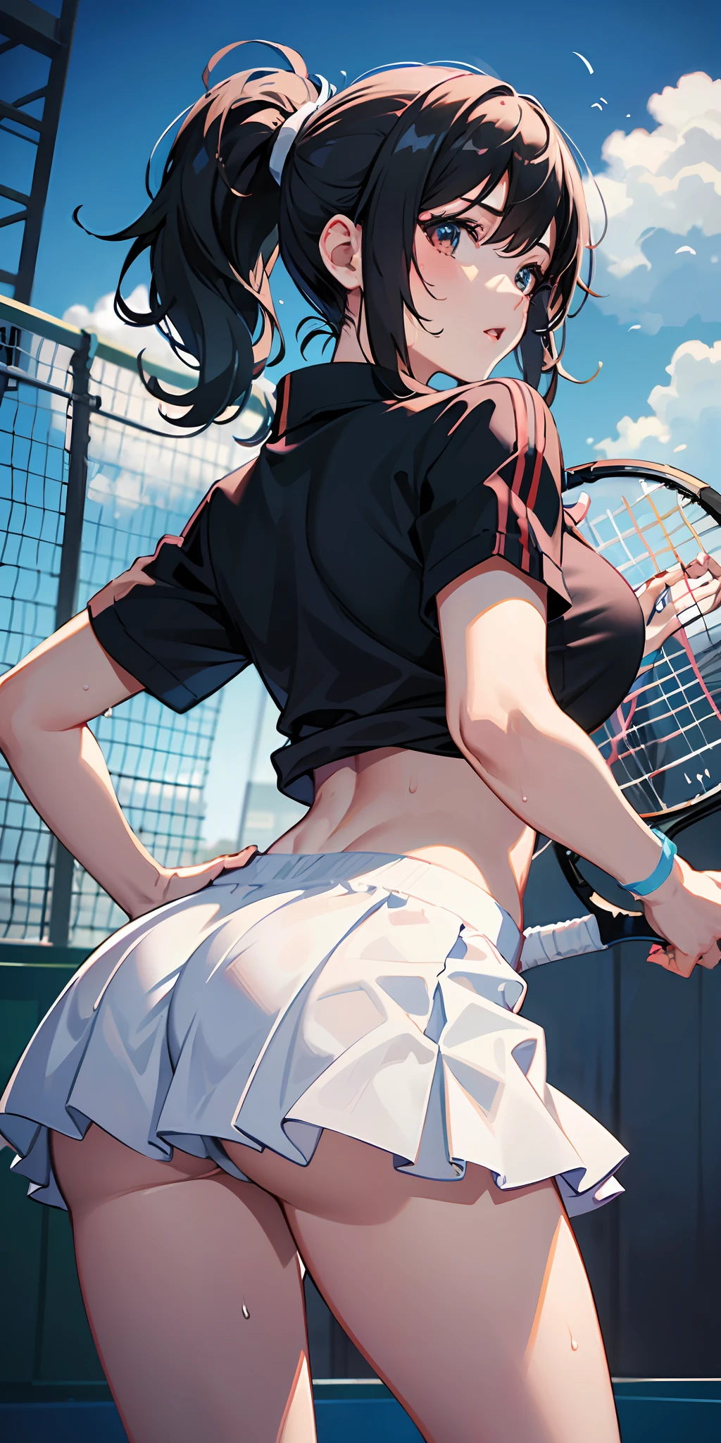 1girll,tennis player,s the perfect face,crisp breasts, Convex buttocks,White sports short sleeves,Short white pleated skirt,White lace panties,White sport socks,White tennis shoes,Wet hair,High ponytail,body soaking wet,Swing the paddle,tennis court,Sunnyday,Clouds, Detailed background, Clothing details, perfectly proportioned, filmgrain, Fuji colors, lightand shade contrast, tmasterpiece, high detal, high qulity, A high resolution, Cinematic lighting, 8K, Textured skin, Super detail