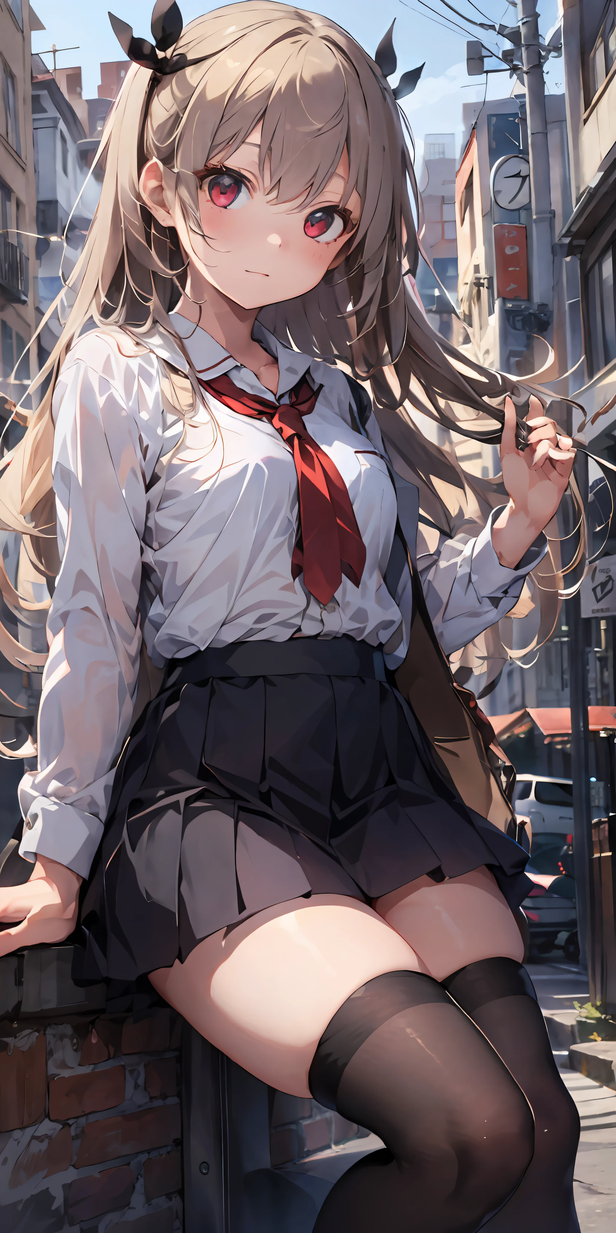 1girl, beautiful detailed eyes, long white hair, light red eyes, school uniform, high black stocking, lustrous skin, city, night, high contrast, ((masterpiece, best quality))