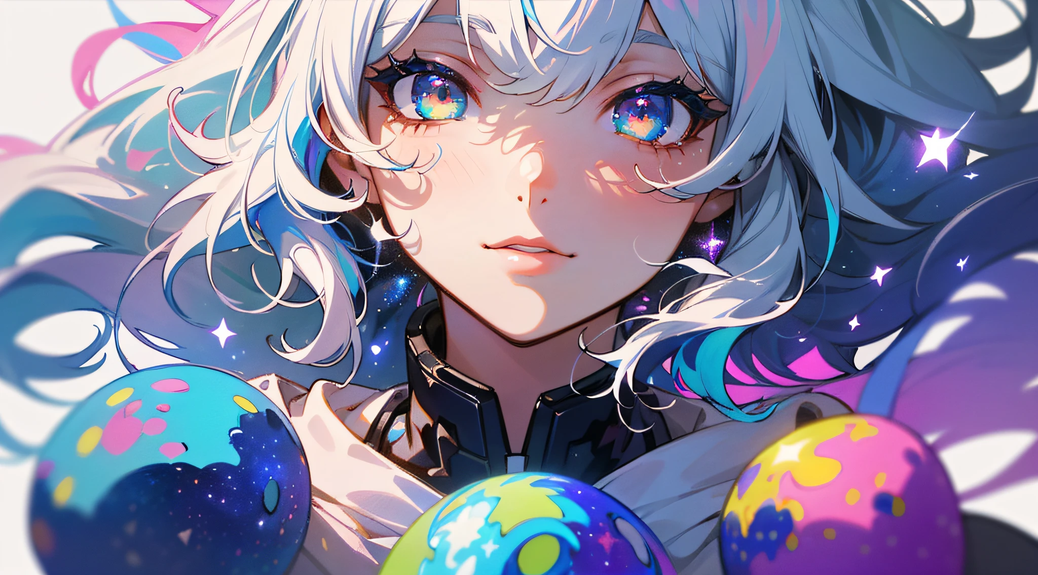 -((masterpiece)), (((best quality))), ((ultra-detailed)), ((illustration)),[realism light effect],shadow,(Fantasy style),(white background:1.6), simple background, (earth theme),(a cloak)[(hair focus,((1girl)),[(big slime hair): (cloud hair):0.3], (hair on background),(high saturation),(hair surrounded by galaxy splashes),(hair surrounded by white dot)):((her hair is becoming galaxy clouds,:1.27628), (hair and clothes is galaxy clouds and cluster of stars:1.1025),(a cloak is becoming galaxy clouds)(colorful_galaxy_print_clusters_of_stars_print:1.35),((detailed starry sky with colorful galaxy and galaxy clouds):1.2)):0.35], (((masterpiece))),(((best quality))),((ultra-detailed)),(illustration),(dynamic angle),((floating)),(paint),((disheveled hair)),((beautiful detailed face)),collar,bare shoulders,white hair, ((colorful hair)),((streaked hair)),beautiful detailed eyes,(Gradient color eyes),(((colorful eyes))),(((colorful background))),(((high saturation))),(((surrounded by colorful splashes))),(((surrounded by colorful dot))),colorful bubble,((shining))