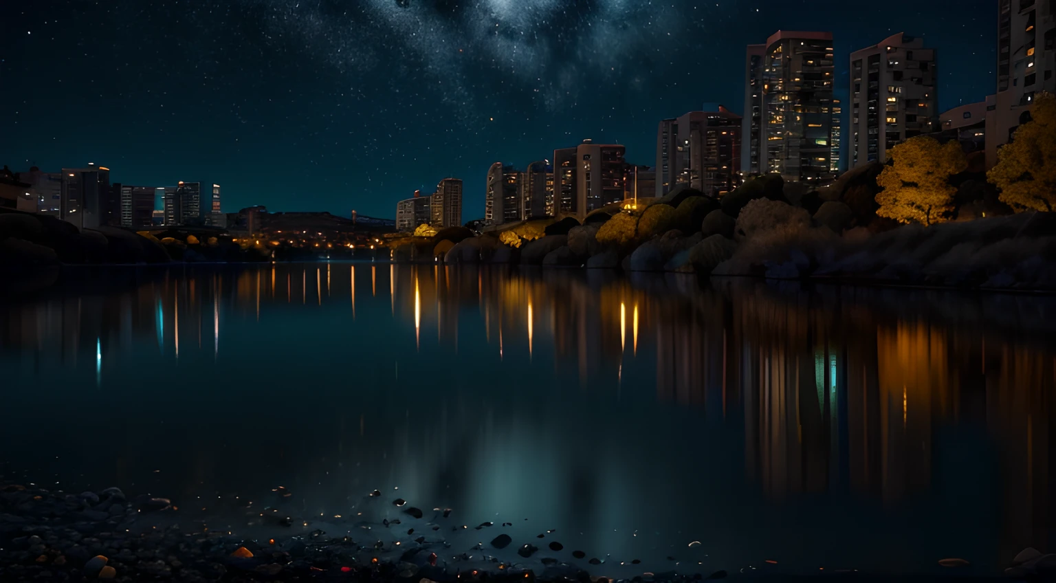 paisaje de un lago, Paisaje urbano y estanque, por la noche, vivid colors, De color, vivid colors, La mejor calidad, absurdos, highest qualityr, Detalles asombrosos, 8k