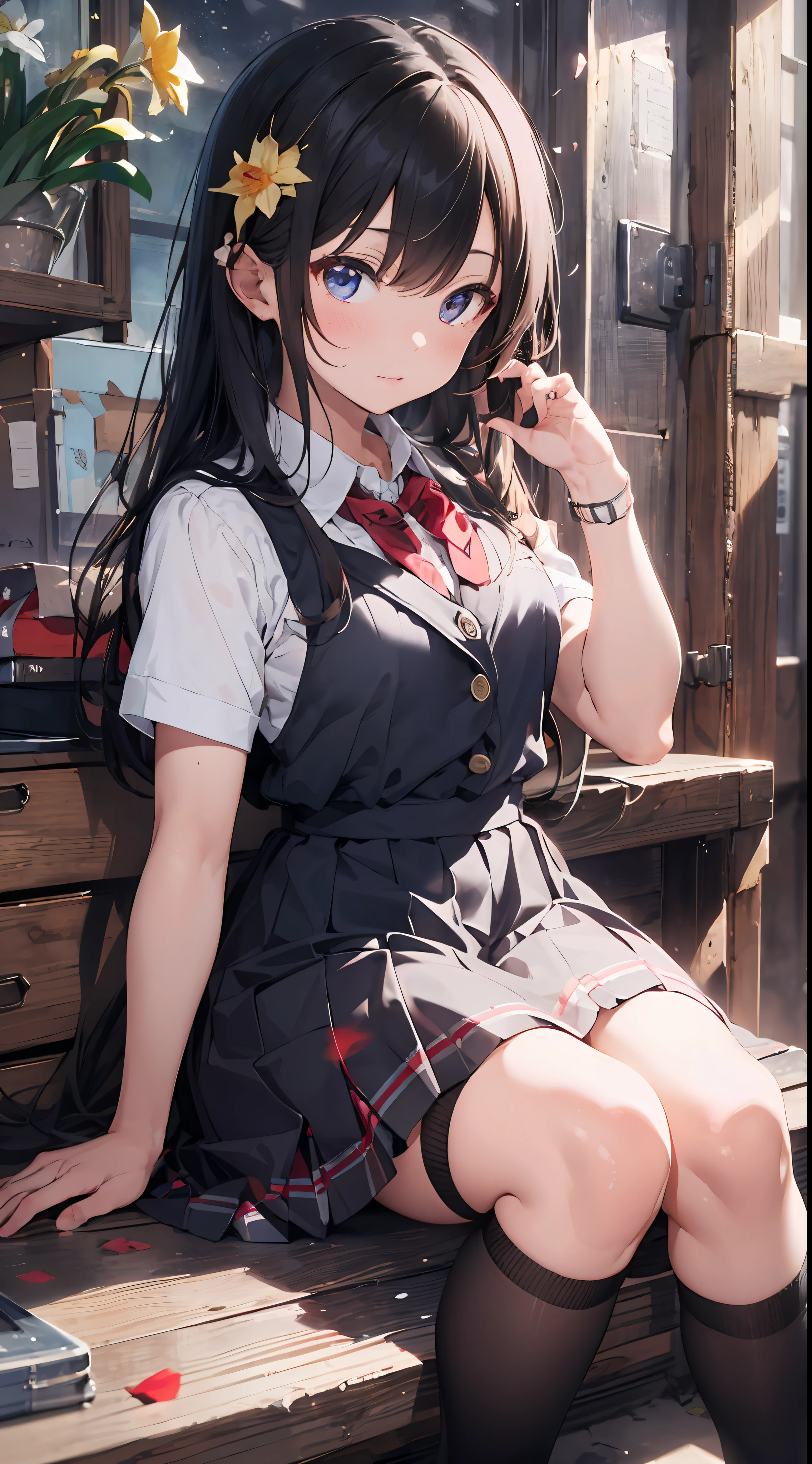 ((masterpiece, best quality)), 1girl, beautiful detailed eyes, ruby eyes, school uniform, skirt, vivid, flower, daffodil, hyacinth, falling petals, high black stocking