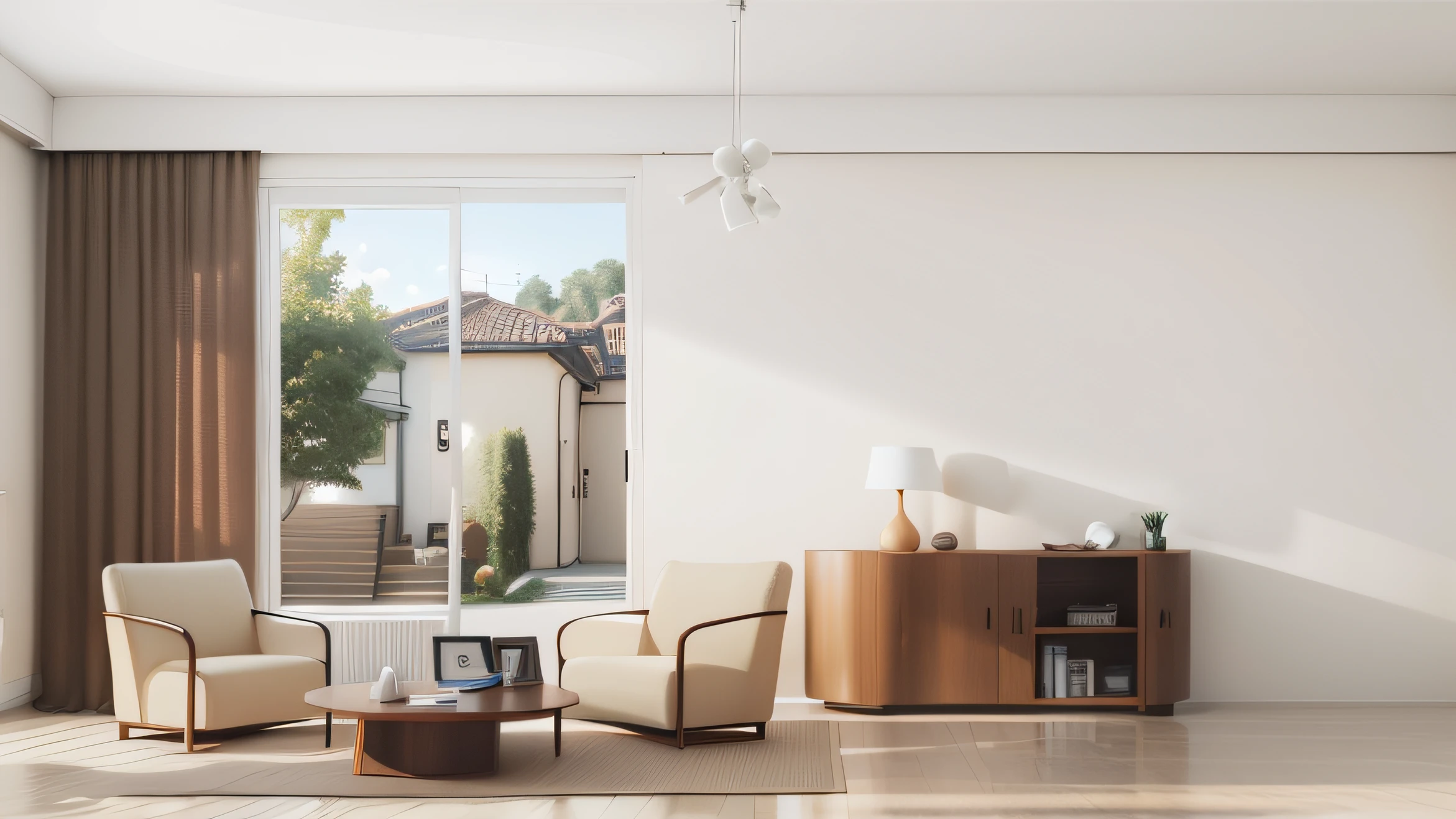 Warm colors,janelas,Beige walls,Light coffee curtains,Beige single sofa,Round coffee table,There are tablets on the coffee table,Coffee-colored hallway against the wall,There is a white table lamp in the entrance,Light,Roof camera,4K --auto