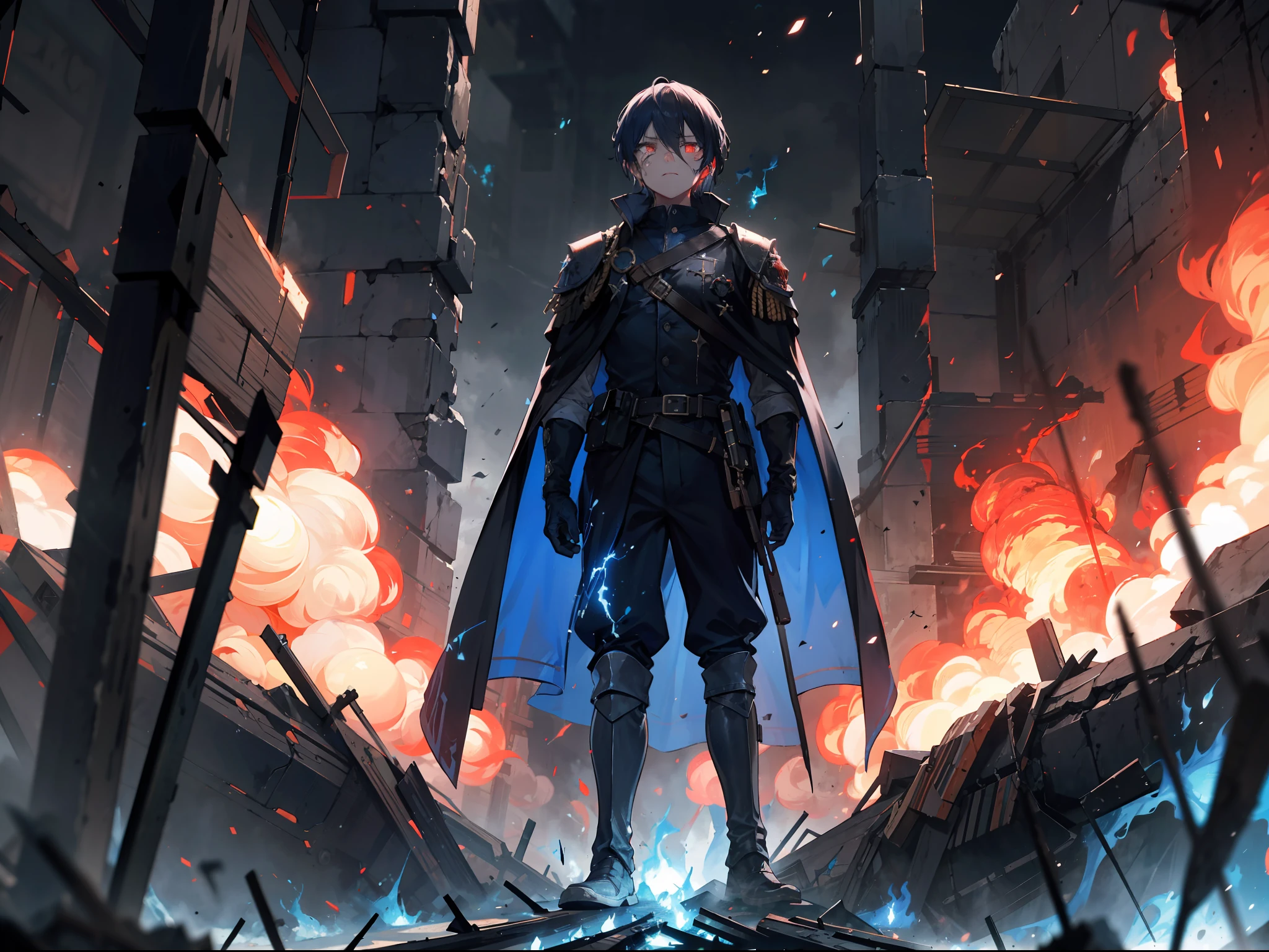 "4k Epic Scene: An adult human, standing over the corpse in the midst of a chaotic battlefield, their tear-stained face illuminated by flickering blue flames, surrounded by lifeless corpses."