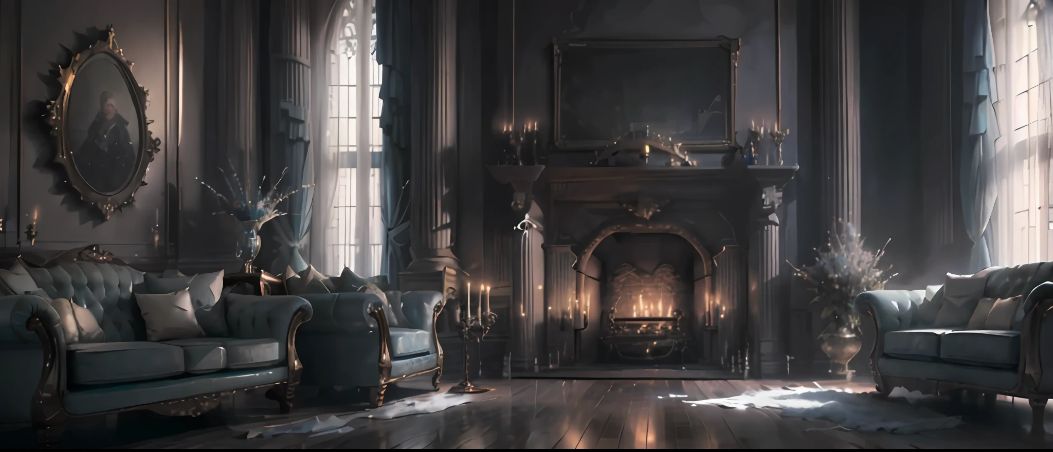Masterpiece, best quality, 8k, high detail, hyper-detail, open plan layout living room, blue candlelight, 1lady, (black robe with hood), blue eye shadow and blush, (silver chain, white crystal pendant on wrist), unlit chandelier, leather sofa, with one main piece and two sides, (marble coffee table), (blue candle fire), semi-open layout of living room, dining room, kitchen, candlelight projecting creepy colors