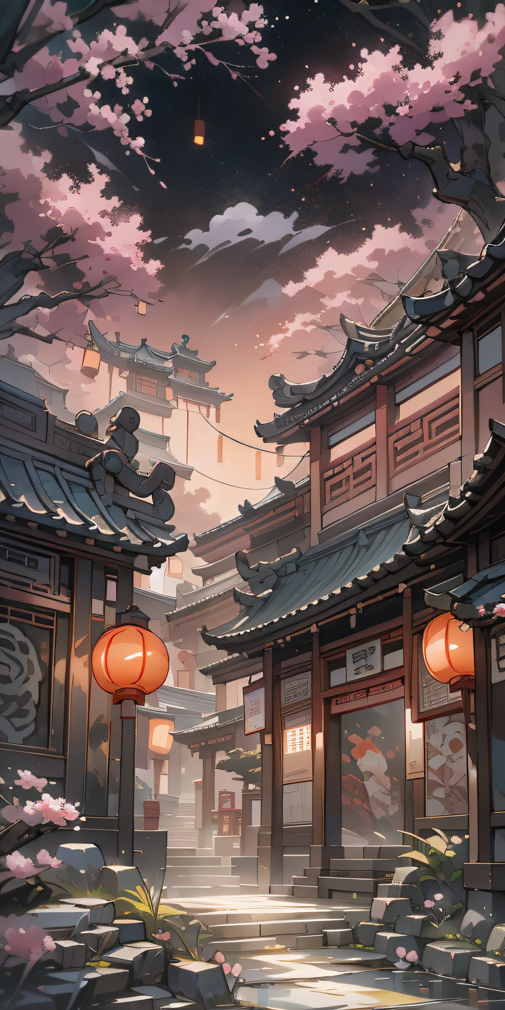 Antique game scene design,Corner of Jiangnan Ancient Town,Black night sky,the night,starrysky,Lanterns,big trees,florals,Flowers in the bushes,Trees bloom,Sakura architecture,Antique carved door beams,Chinese ink painting OC rendering sculpture