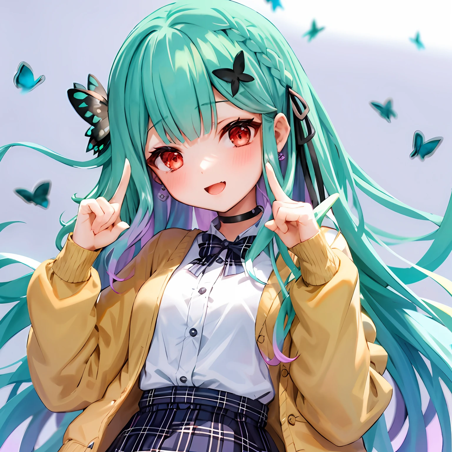 longrushia, Long hair, aqua hair, gradient hair,multicolored hair, Red eyes, hair ornaments, black choker, White shirt, brown cardigan, sleeves past fingers, plaid skirt,1女孩, 独奏,