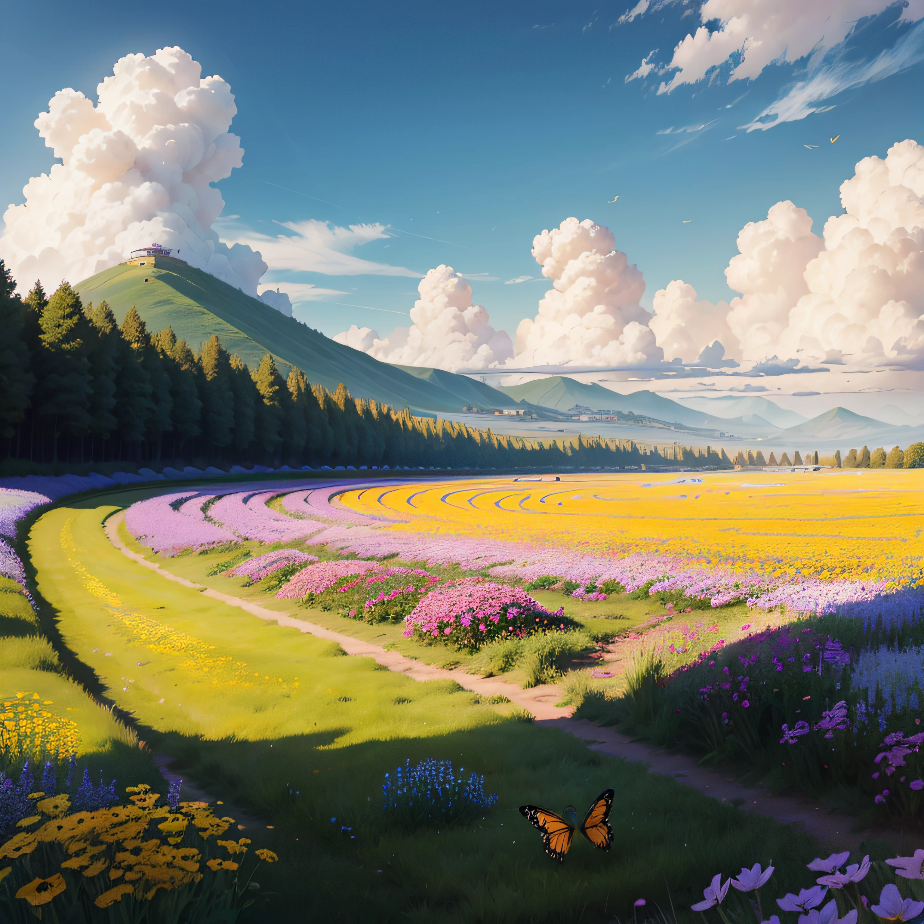 Best quality at best,tmasterpiece,超高分辨率,without humans,(The long:1.9),without humans,clouds,blue-sky,baiyun,grassy fields,butterflys,There are wildflowers,There are weeds,Hyper-realistic --auto