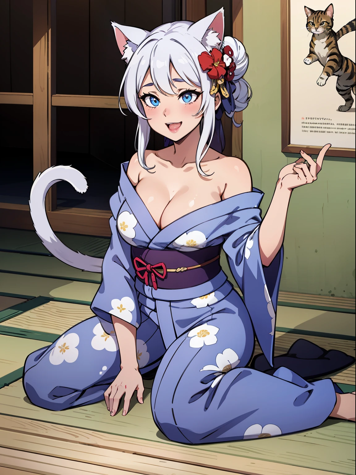 (1girl), (adult cat-girl), (monstergirl), fullbody, animal ears, cat ears, animal tail, hair bun, hairpin, Hair Flower, colorful eyes, dilated pupils, long eyelashes, (Ahegao Face), (Milf), hot spring, Smile, Shy, blush, (Drunk: 0.75), expressions, (nsfw), revealing clothes, (lowered (yukata)), drinking alcohol, white hair, Precise, tsundere, Masterpiece, High Details, highquality, high resolution, 1080p, anatomically correct, Textured skin
