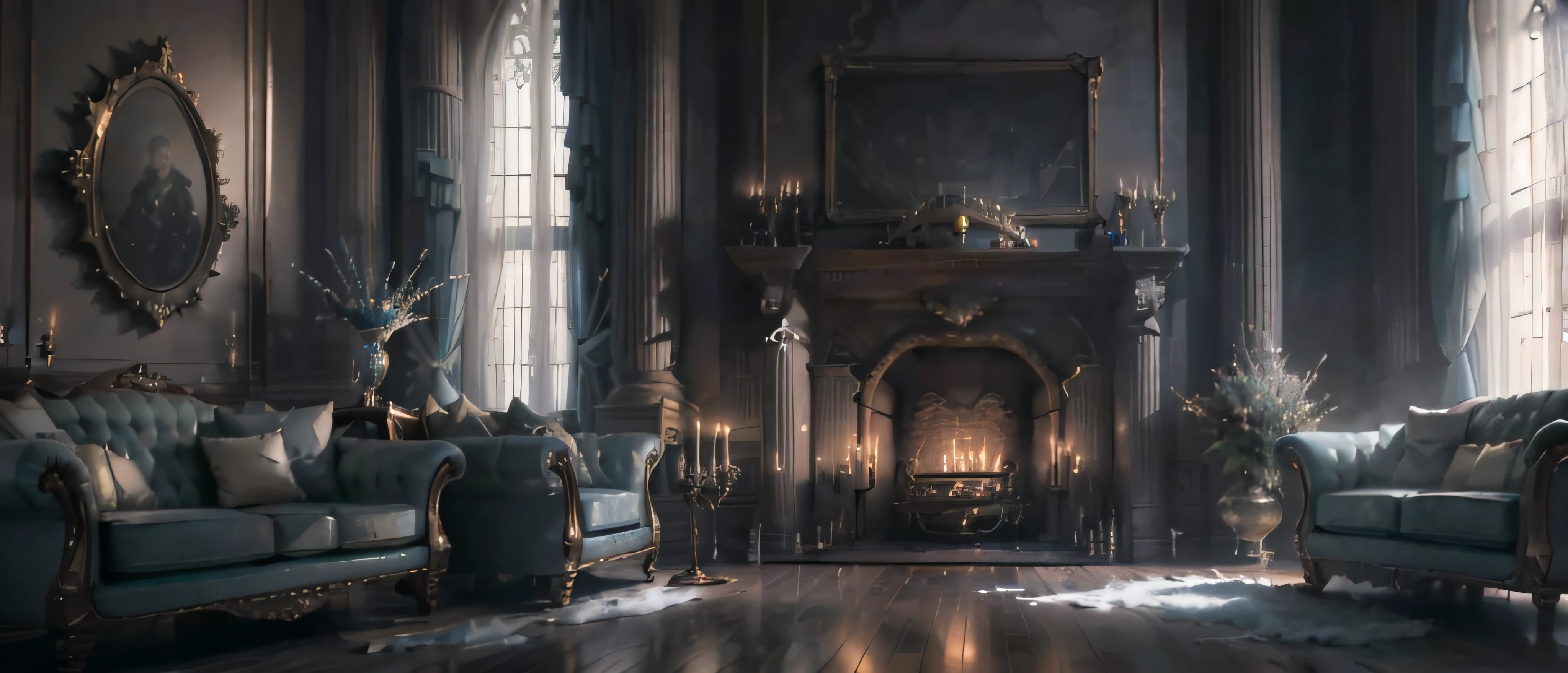Masterpiece, best quality, 8k, high detail, hyper-detail, open plan layout living room, blue candlelight, 1lady, (black robe with hood), blue eye shadow and blush, (silver chain, white crystal pendant on wrist), unlit chandelier, leather sofa, with one main piece and two sides, (marble coffee table), (blue candle fire), semi-open layout of living room, dining room, kitchen, candlelight projecting creepy colors