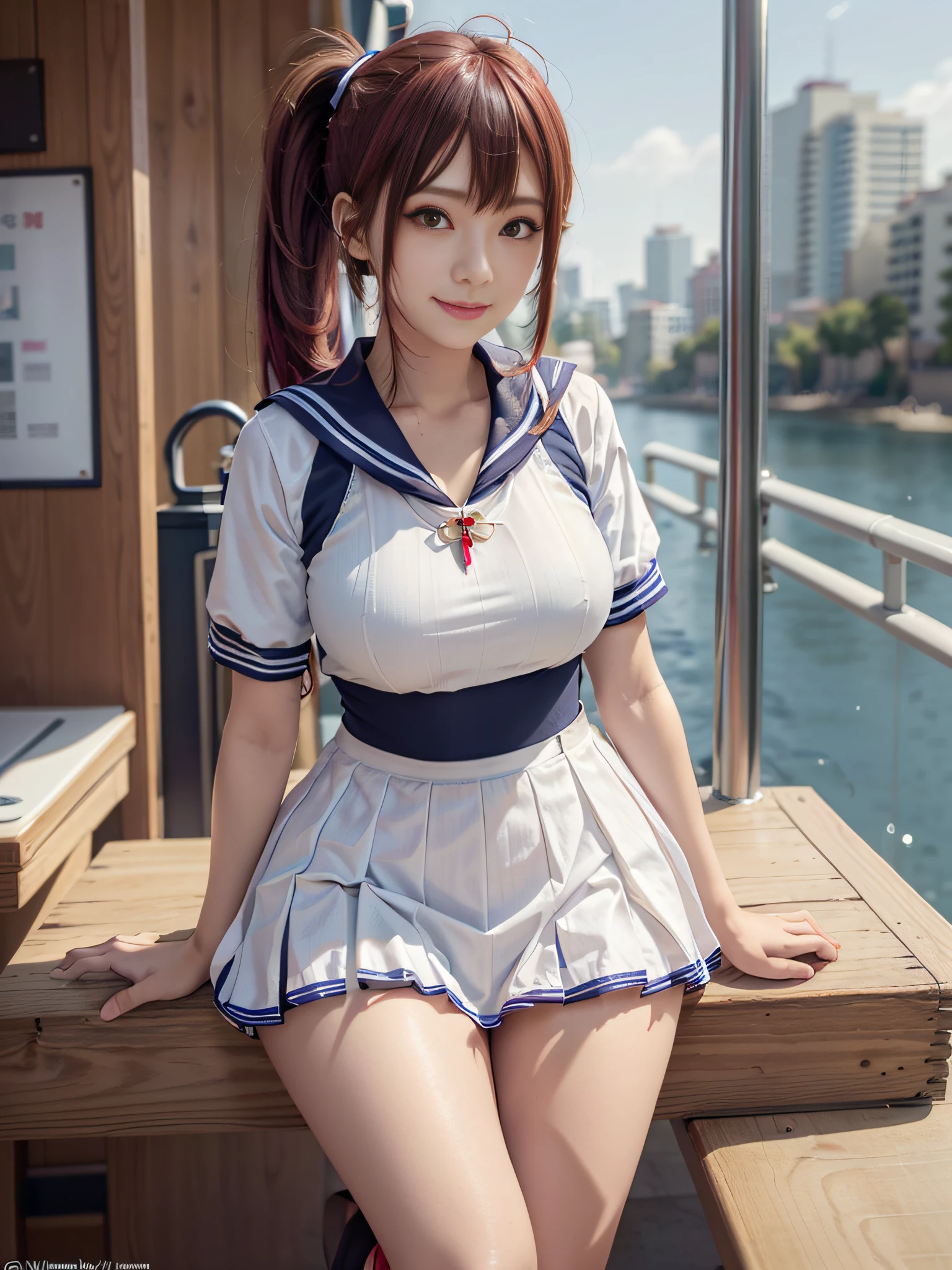 masterpiece、(top-quality:1.32), nffsw、( 超A high resolution: 1.3), (CG Unity 8k wallpapers:1.2), (Detailed eyes and skin:1.35), (detailed facial features:1.25), (Detailed eyes:1.36), precise and perfect human body structure, (Textured skin: 1.26), (Photorealistic Raw Photos: 1.27), award - winning photo, Depth of Picture, Shading by sunlight、
Tsurime、smirking mischievously、cleavage of the breast、Colossal tits、Attractive thighs、juicy thighs、
Red hair, ((Side Ponytail:1.5)), thick bangs,
((a sailor suit:1.2))、Japanese high school students、校服、Sailor collar、Bobby Socks、pleatedskirt、