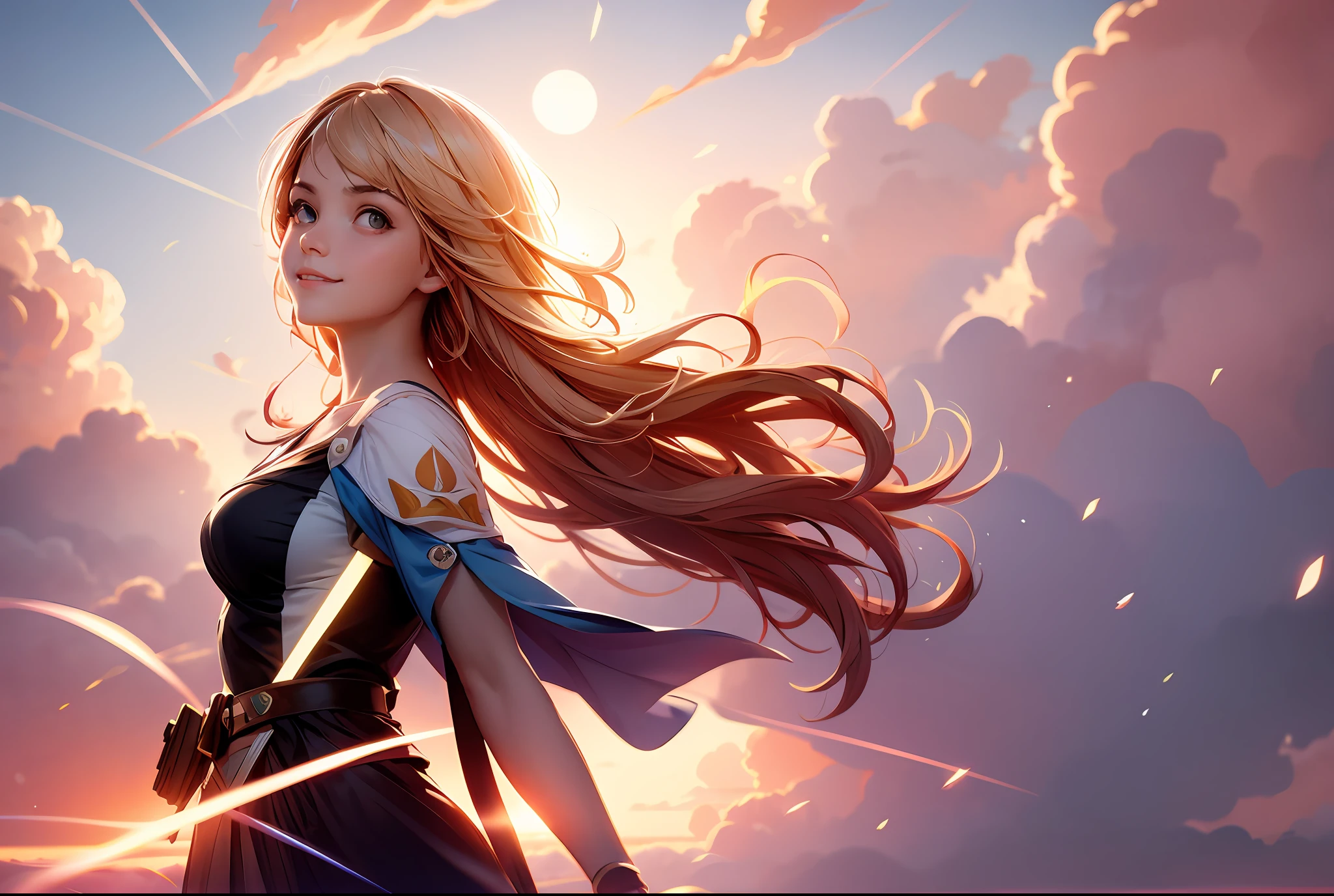 masterpiece, best quality, movie still, 1girl, cloud girl, floating in the sky, close-up, bright, happy, warm soft lighting, sunset, (sparks:0.7)