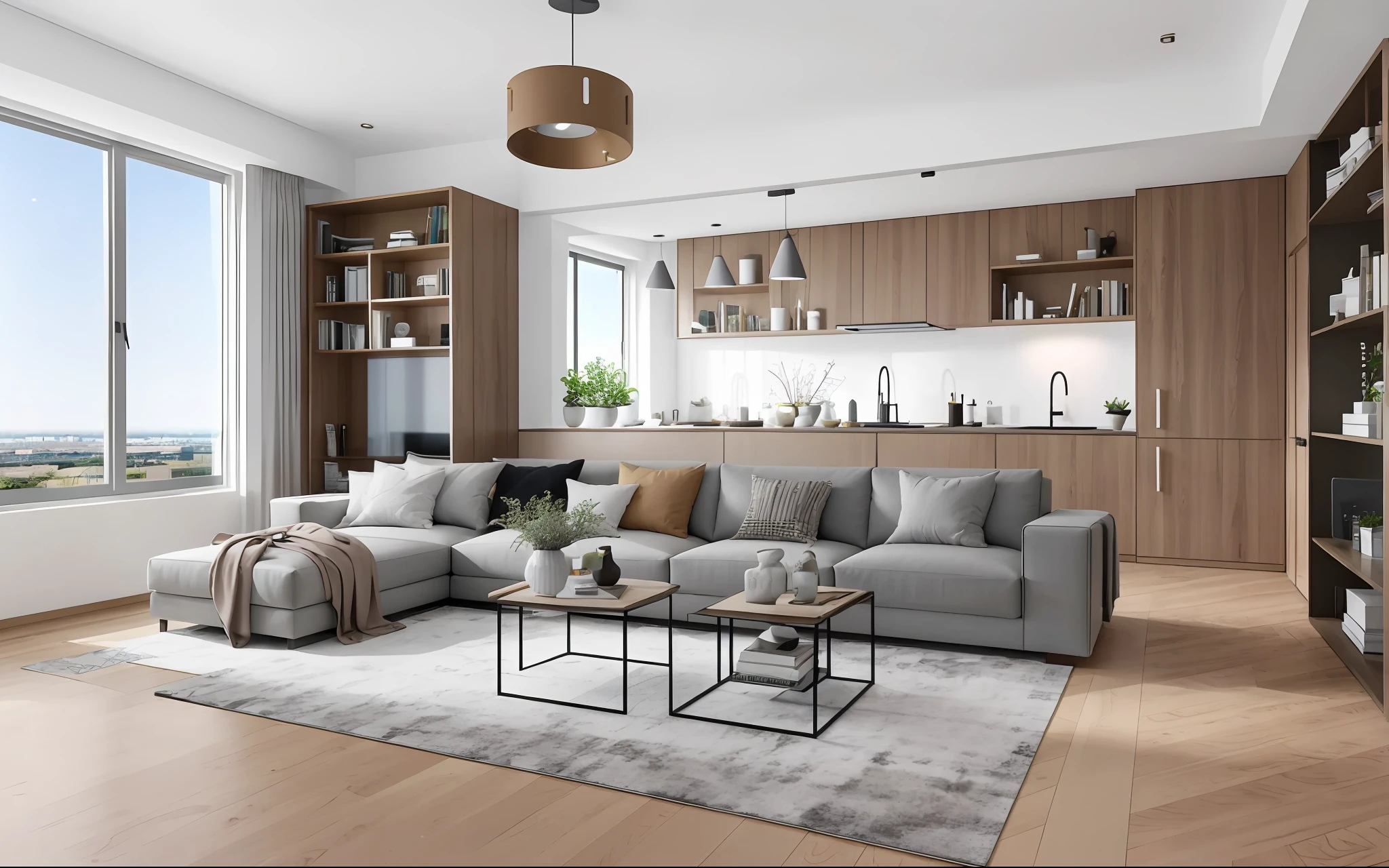 (((tmasterpiece))),HighestQuali,hyper realisitc,Modern living room,Windows filled with natural light,cupboard(1.2),Minimalist