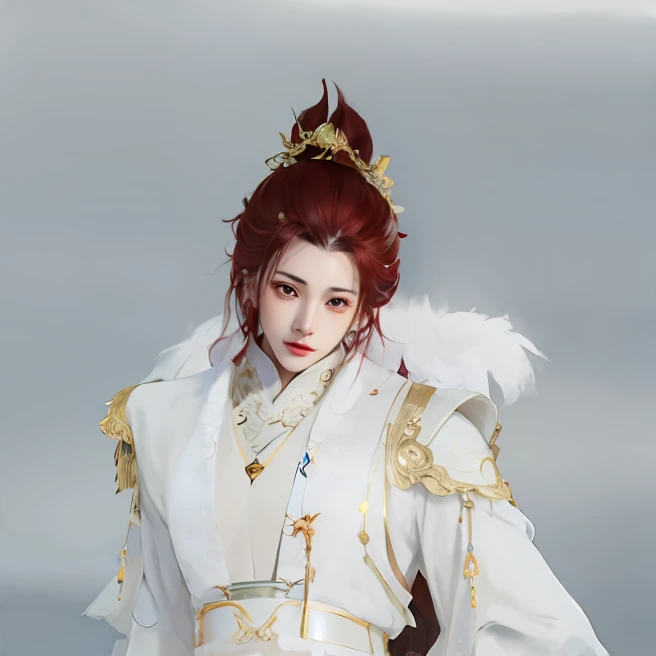 There was a man with red hair and white clothes, Delicate androgynous prince, Beautiful androgynous prince, Inspired by Bian Shoumin, roguish smirk, golden-white robes, wearing gilded ribes, full-body xianxia, royal elegant pose, Inspired by Huang Shen, final fantasy 14 style, wearing gilded red robes