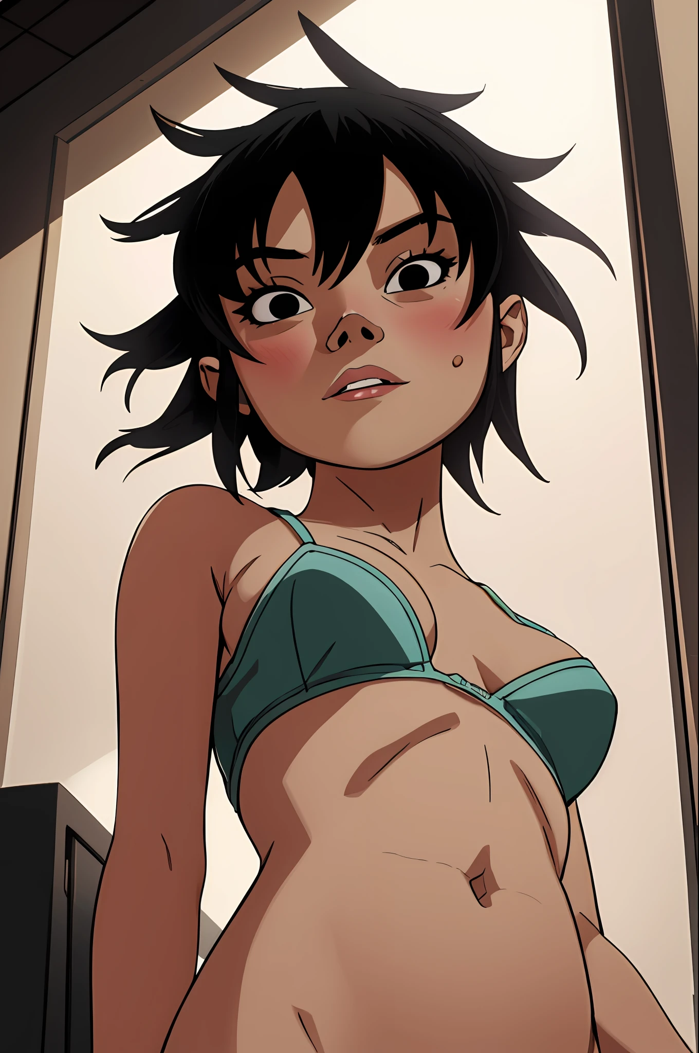 (masterpiece, best quality:1.2),  noodle (gorillaz), 1girl, black hair, solo, black eyes, short hair, bob cut, ****, small breasts, (parted lips:1.4), (nose blush:1.2), foreshortening, blackcutoffs, (eye contact), high contrast, detailed, breasts visible, Showing breasts, (cinematic lighting), ((high-angle view)), (half body shadow), [backlighting], [crepuscular ray], [detailed ambient light], [gray natural lighting], [ambient light on the belly], (higher wildlife feral detail), [explict content], [sharp focus], (questionable content), (shaded), Commission for High Res, detailed image, bright colors, detailed face, perfect lighting, perfect shadows, perfect eyes, girl focus, flawless face, gorgeous body, shiny body, center focus, gaze at the viewer, 1girl, solo, (masterpiece:1.21), (best quality:1.2), (illustration:1.2), (cinematic lighting:1.3), balanced coloring, global illumination, ray tracing, good lighting, cleavage, attractive body, sexy body, SFW, skinny, child, young age, (((from below))), busy city, foreshortening, (seductive pose), looking at viewer, blackcutoffs, (eye contact), masterpiece, high contrast, hyper detailed, best quality, ultra high res, photorealistic, high resolution, detailed, raw photo,