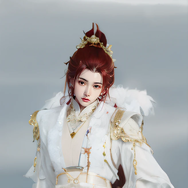 There was a man with red hair and white clothes, Delicate androgynous prince, Beautiful androgynous prince, Inspired by Bian Shoumin, roguish smirk, golden-white robes, wearing gilded ribes, full-body xianxia, royal elegant pose, Inspired by Huang Shen, final fantasy 14 style, wearing gilded red robes
