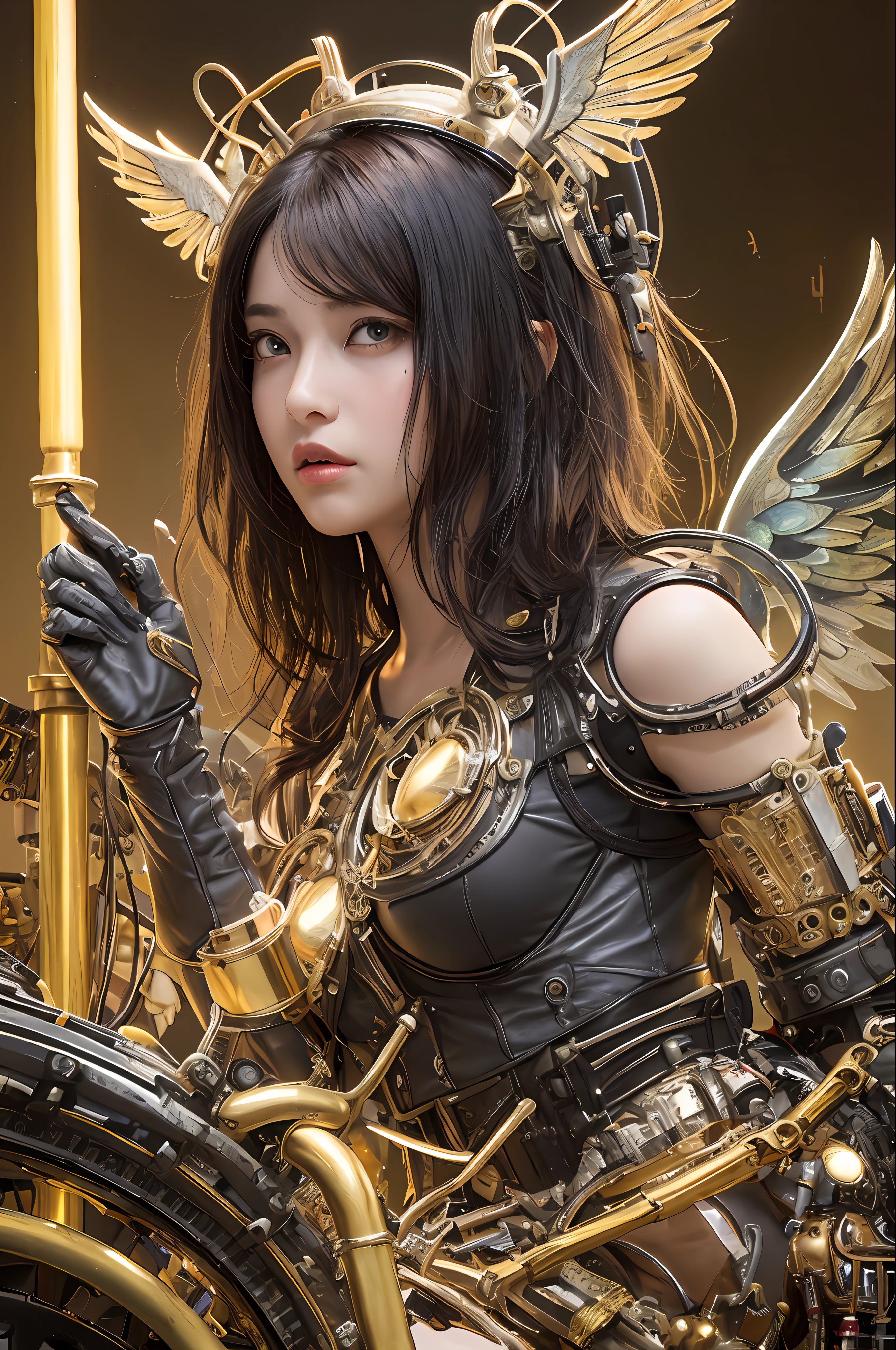 top-quality、​masterpiece、超A high resolution、(Photorealsitic:1.4)、Raw photo、女の子1人、Black hair、glowy skin、1 Mechanical Angel、large metal wings、Shining Angel Circle、((super realistic details))、portlate、globalillumination、Shadow、octan render、8K、ultrasharp、Colossal tits、Raw skin is exposed in cleavage、metals、Details of complex ornaments、Steampunk details、vacuum tubes、Nixie Kan、Oil pressure gauge、Glass Kan、Analog Meter、gear wheel、gear、Golden hydraulic cylinder、highly intricate detail、Realistic light、CGSoation Trends、a purple eye、radiant eyes、Facing the camera、neon details、Mechanical limbs、blood vessels connected to tubes、Mechanical vertebrae attached to the back、mechanical cervical attaching to neck、sitting on、Wires and cables connecting to the head、evangerion、Small LED lamp、Sumerian details、