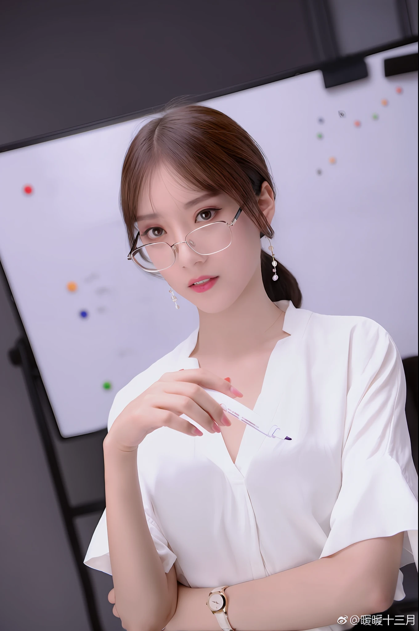 Arad woman posing for photo in white shirt and glasses, With glasses, wearing thin large round glasses, Yoshitomo Nara, Choi Hyun-hwa, Lee Ji-eun, lee ji eun, sakimichan, wearing small round glasses, Li Zixin, Glasses, eye glass, White glasses