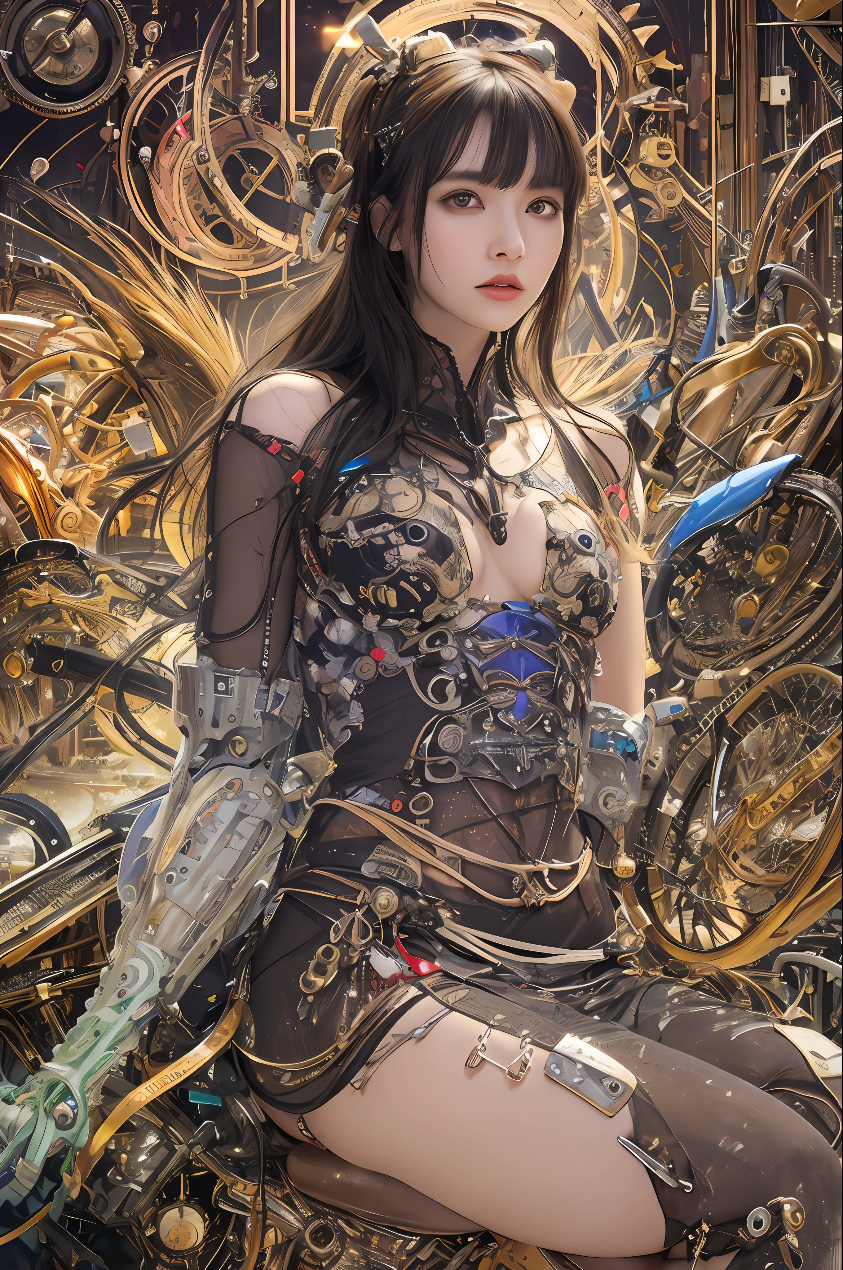 top-quality、masterpiece、超A high resolution、(Photorealsitic:1.4)、Raw photo、女の子1人、Black hair、glowy skin、1 Mechanical Angel、large metal wings、Shining Angel Circle、((super realistic details))、portlate、globalillumination、Shadow、octan render、8K、ultrasharp、Colossal tits、Raw skin is exposed in cleavage、metals、Details of complex ornaments、Steampunk details、vacuum tubes、Nixie Kan、Oil pressure gauge、Glass Kan、Analog Meter、gear wheel、gear、Golden hydraulic cylinder、highly intricate detail、Realistic light、CGSoation Trends、a purple eye、radiant eyes、Facing the camera、neon details、Mechanical limbs、blood vessels connected to tubes、Mechanical vertebrae attached to the back、mechanical cervical attaching to neck、sitting on、Wires and cables connecting to the head、evangerion、Small LED lamp、Sumerian details、