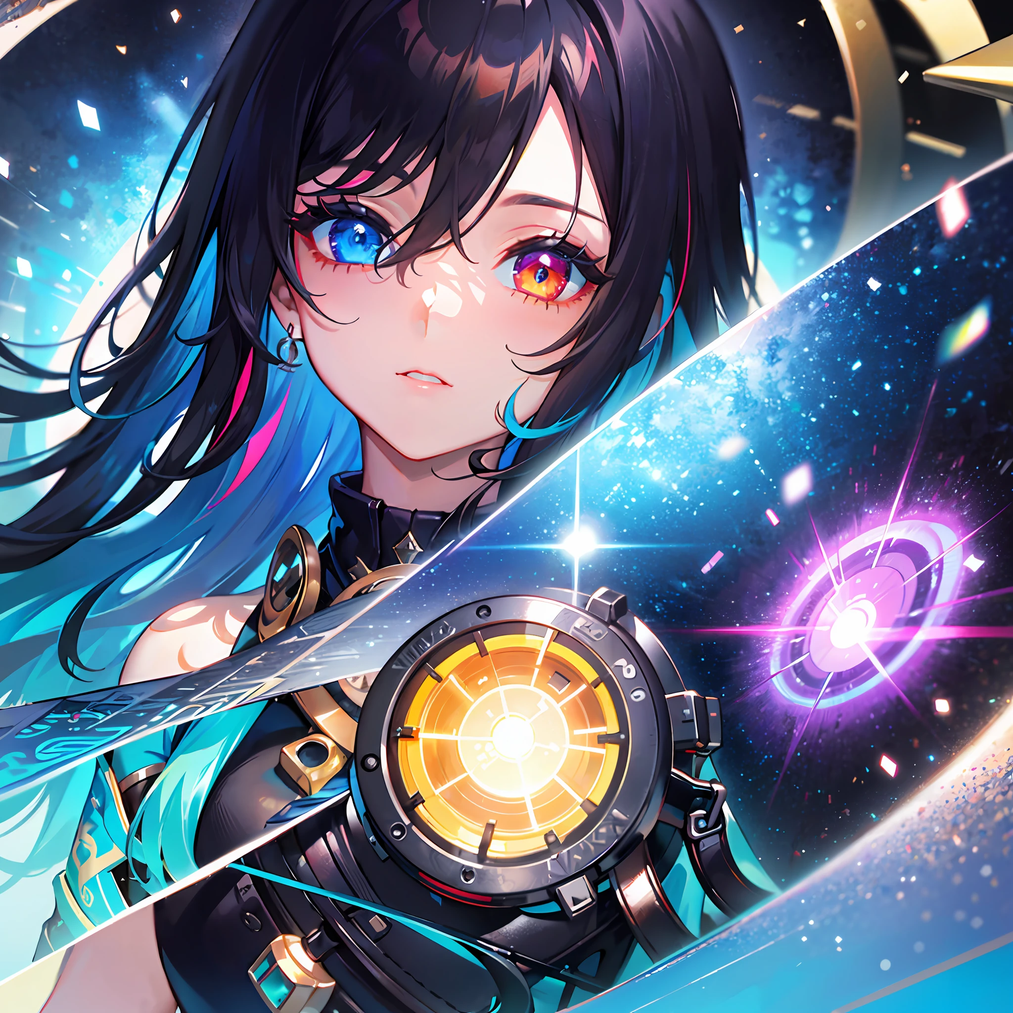 {{masterpiece}}, best quality, extremely detailed CG unity 8k wallpaper, cinematic lighting, lens flare, beautiful detail eyes, black,  side glance,  multicolor hair, colorful light, particles, heterochromia, (colorful:1.5), (colorful hair:1.5),