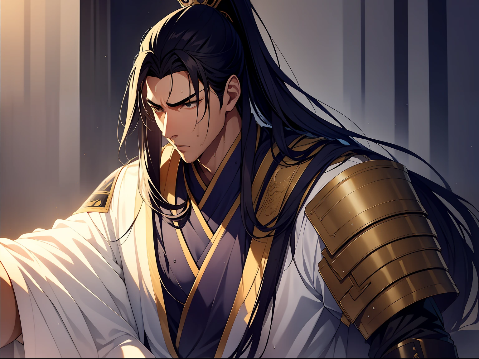 Beautiful man in ancient costume,Sweat flowing,Drooling and dripping,Wet look,picture quality is high,Dark skin,Long hair with a high ponytail,Exquisite Hanfu,Armguard and leg guards,Powerful as a general,Charming gestures show off。