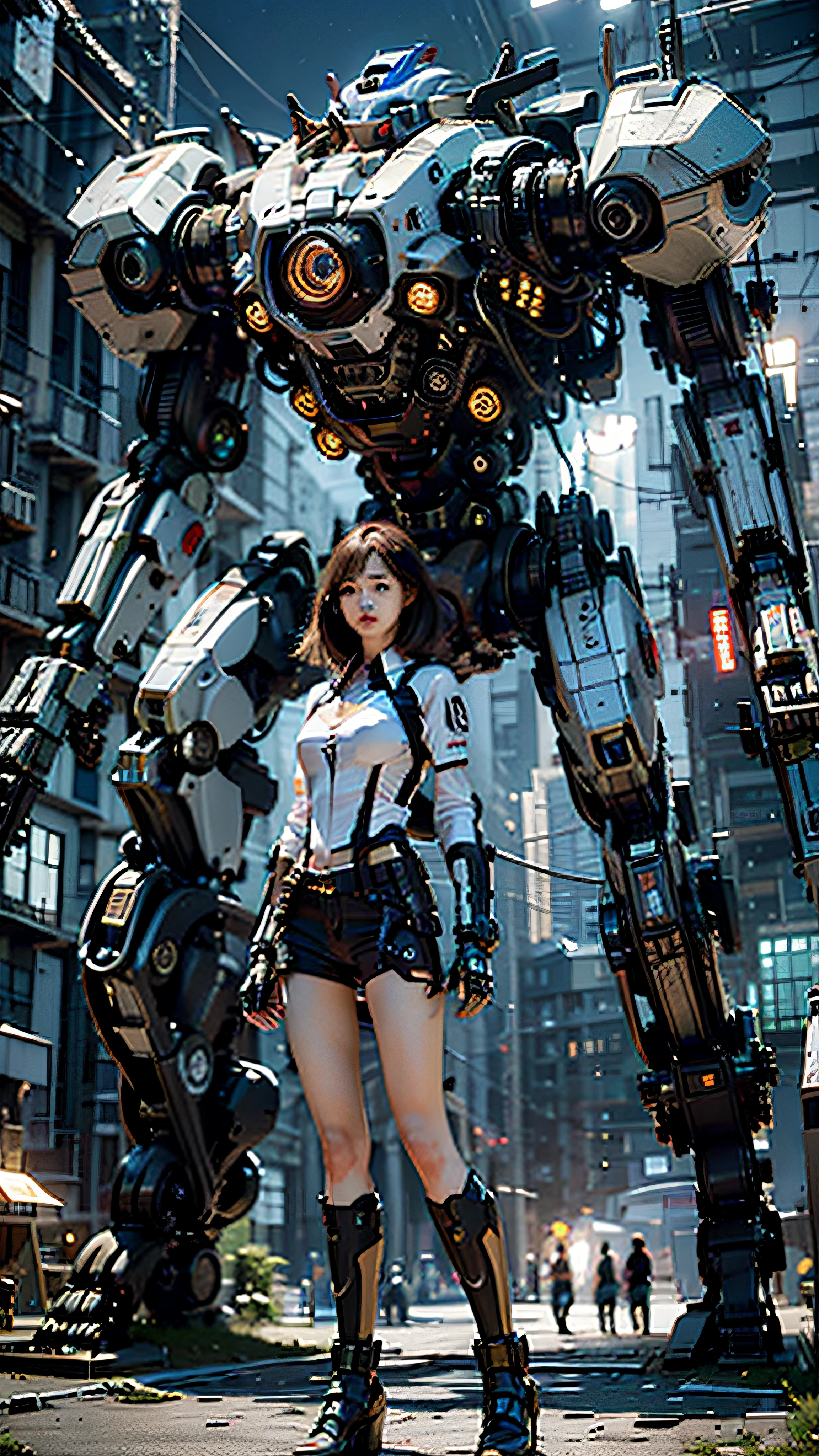 （（tmasterpiece，best qualtiy）），illustratio，Ultra-detailed 8K，Photorealsitic，Clear focus，A highly detailed，Professional lighting，Colorful Detailed，Rainbow color BREAK factory super long shot，Large mechanical robot structure，computers，with light glowing，Complicated details，shitu-mecha，1girl stands in front of the audience，nabel，Realistic style，Realistis