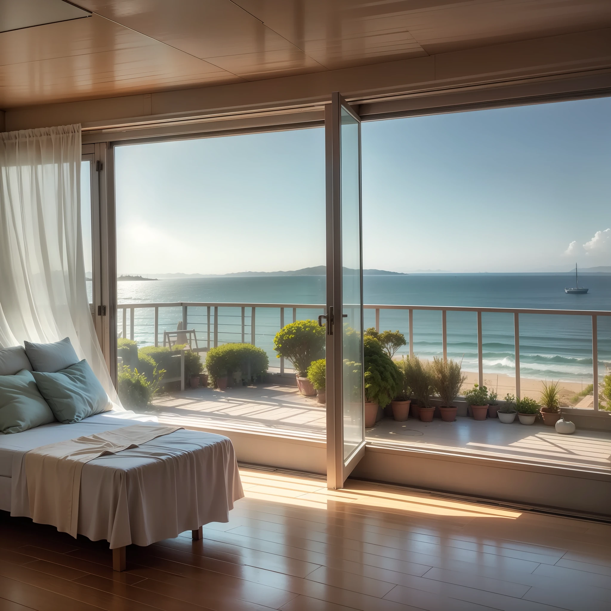 A corner of the interior,There are windows,There is a gauze curtain,There is a beam,Sea view from the window,