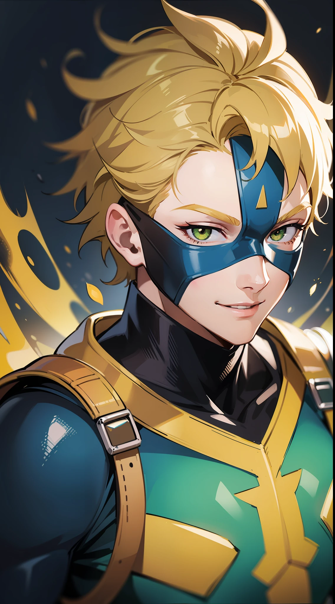 Young guy, short blonde hair, green eye color, Blue-yellow superhero uniform, mask, ssmile, Masterpiece, hiquality