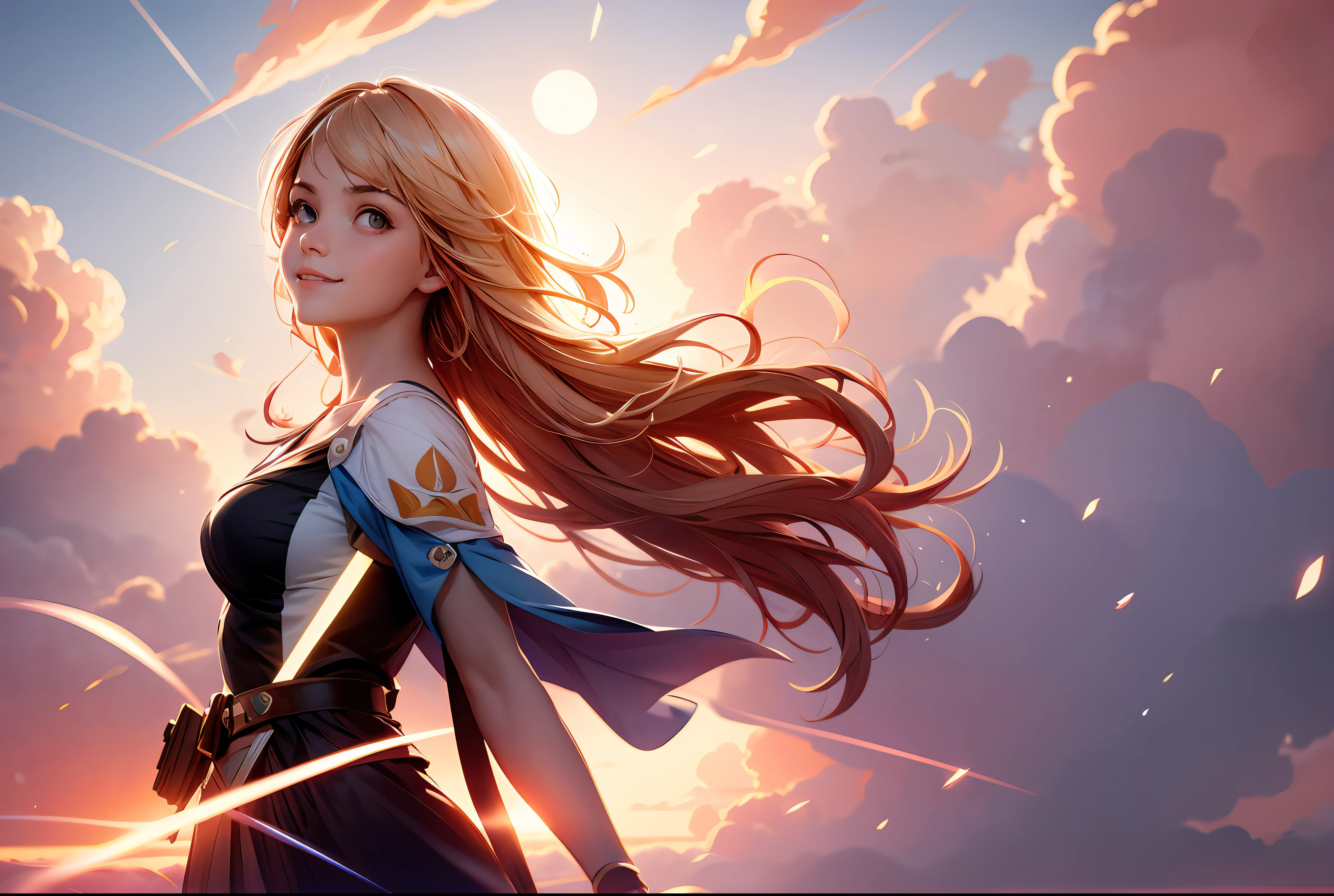 masterpiece, best quality, movie still, 1girl, cloud girl, floating in the sky, close-up, bright, happy, warm soft lighting, sunset, (sparks:0.7)