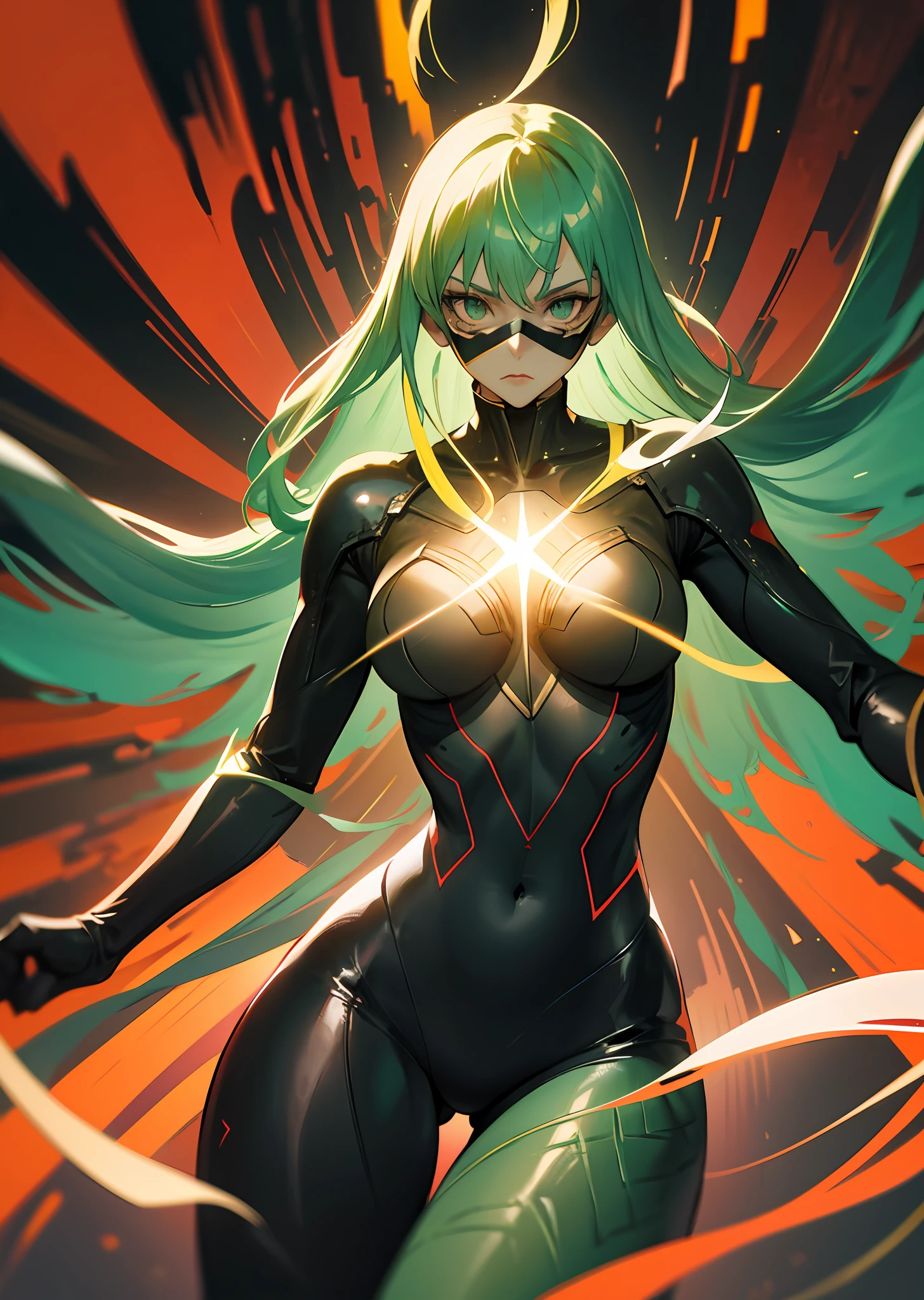 (masutepiece), Best Quality, High resolution, Ultra-detailed, Vivid texture, Mask、Stand up to the powerful, A tight bodysuit that emphasizes her gorgeous figure, Dynamic lighting, greenr/Black contrast, cinematic view, intense emotion, Immersive experience, timeless beauty, Breathtaking.