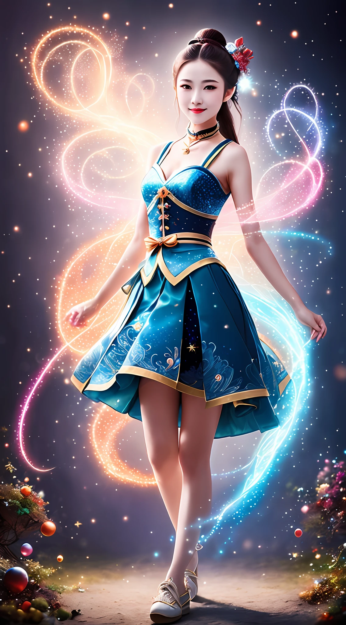 (((Best Picture Quality))), Unique painting style, The cute Genshin character Kori, Clear and moving, Enchanted expression, elaborately designed clothes, Magical atmosphere, Brilliant magic effects, A gentle breeze blows, Colorful magic particle effects