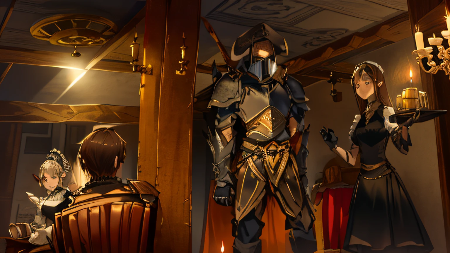 A lavishly renovated medieval tavern,A dark guard in black heavy armor carries a giant sword。Exquisite armor,Maid with wooden wine glass,A brunette man sits on a stool,A beautiful brown-haired female elf,Candles hang from wooden pillars in the lobby,Beautiful ceilings,There are candles hanging from it,intricately decorated walls,