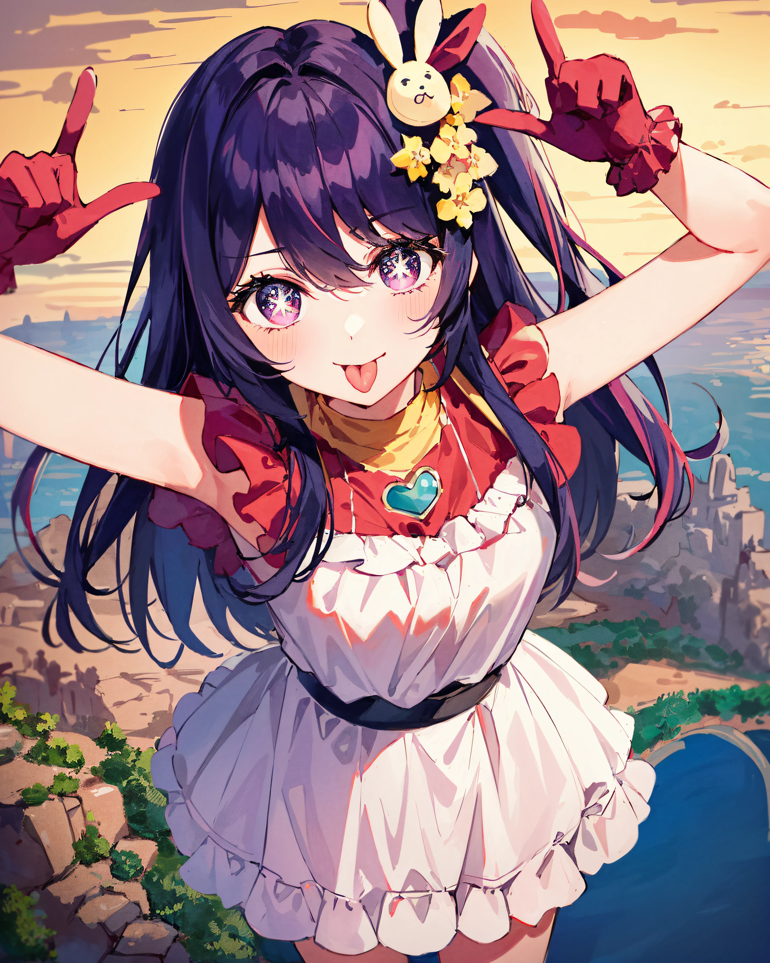 1girl, full body, cowboy shot,
(Rembrandt), illustration, (masterpiece), (best quality), (ultra_detailed), finely detail, (Depth of field),
HshinoAi,gloves, tongue out, tongue, long hair, star \(symbol\), looking at viewer, (purple hair:1.2), purple eyes, upper body, hair ornament, :p, frills, pink shirt, smile, sleeveless, shirt, idol, symbol-shaped pupils, hands up, bangs, one side up, star-shaped pupils, arms up,
dress pull,
Roaring Twenties, isometric, from above, sky, flower, cliff,