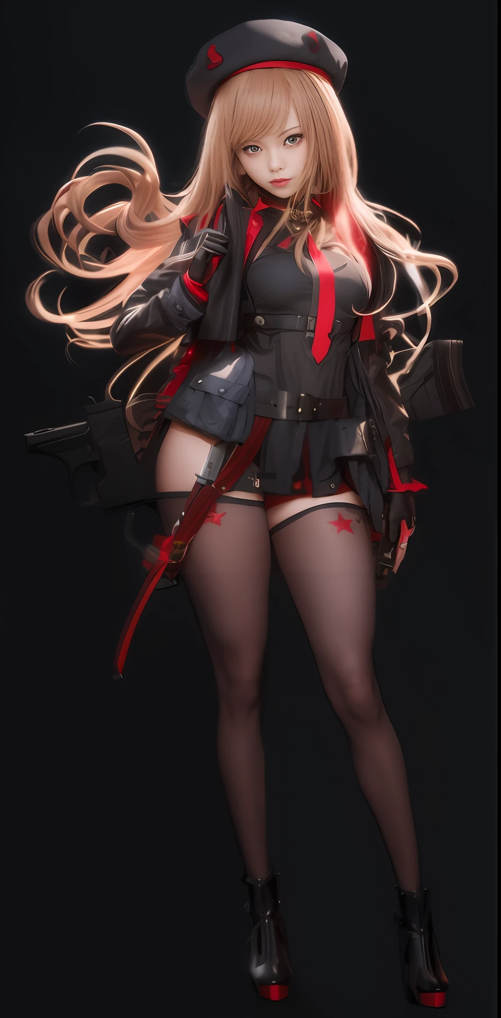 A hyper-realistic、ultra-detailliert、top-quality、hight resolution、Goddess of Japan with a gun on her back, Wearing a red and black hat and a red and black uniform、Cosplay Gravure Idol、long hair with voluminous brown blonde hair,,,,,,、G Cup、Wearing a black crop jacket with a large collar、Wearing black instep and red palm gloves、The right hand grabs the shoulder strap of the gun on the back at the base of the shoulder.、The waist belt comes with several small pouches、Bullets hang from both sides of the hips to the thighs、Red band hanging from under the chest、Black garter stockings with red star logo、Wear short boots with high heels in red and black intricate design