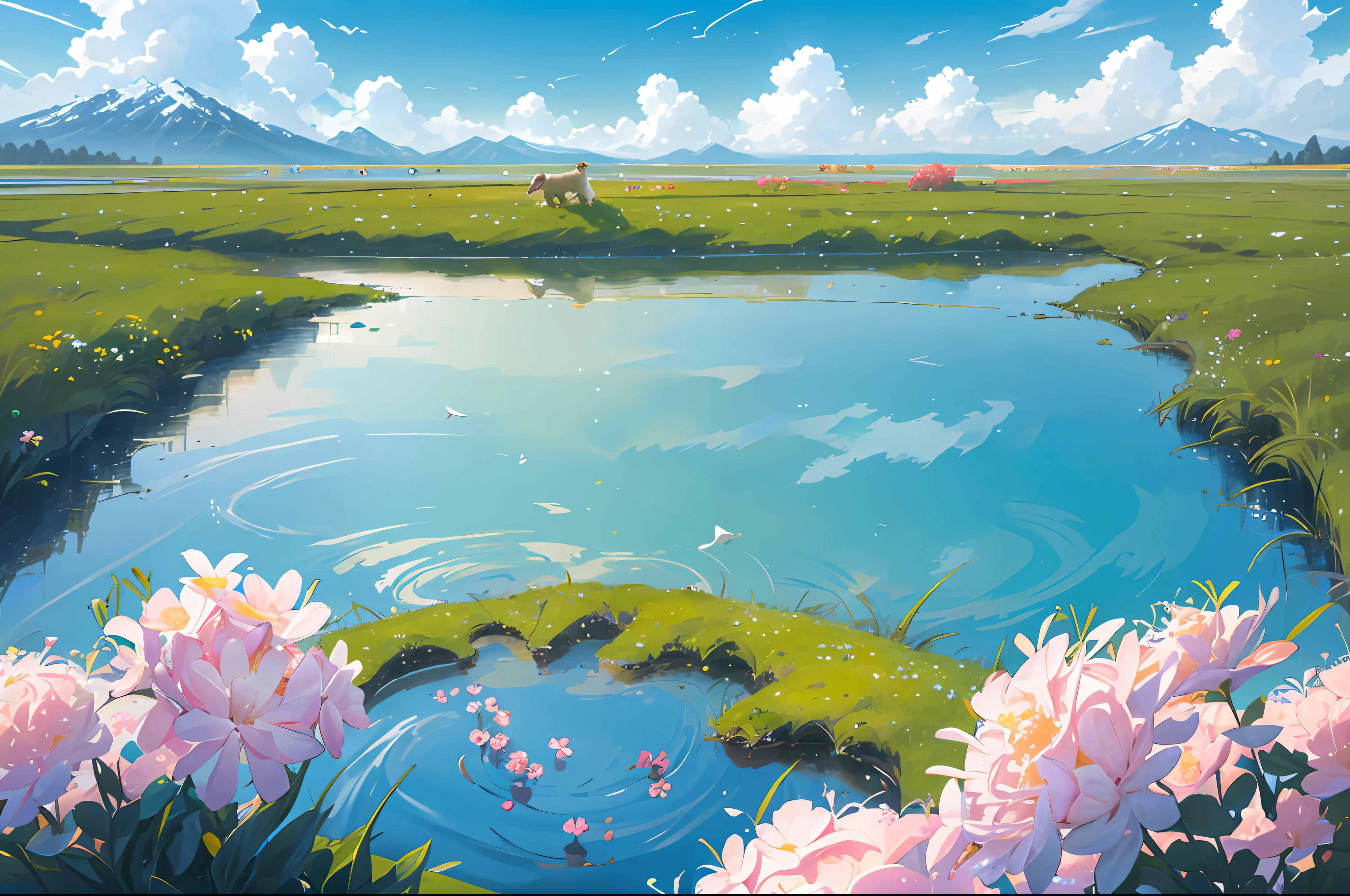 Summer, meadows, a few small flowers, clear lakes, sheep, heaven, large clouds, blue sky, hot weather, HD detail, hyper-detail, cinematic, surrealism, soft light, deep field focus bokeh, distant vistas are snowy mountains, ray tracing, and surrealism. --v6
