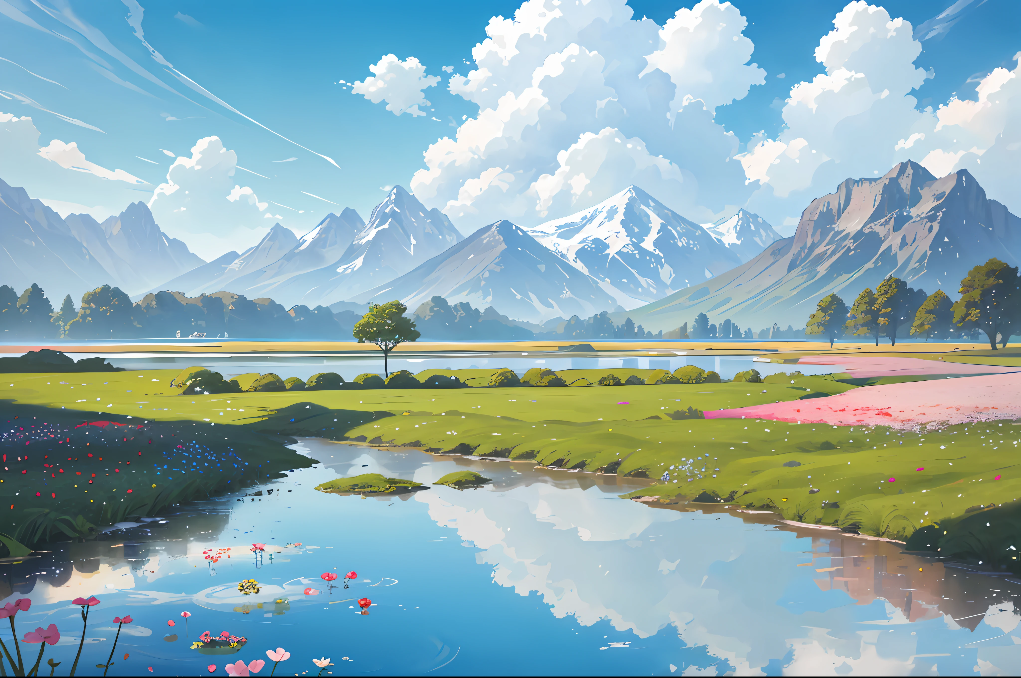 Summer, meadows, a few small flowers, clear lakes, sheep, heaven, large clouds, blue sky, hot weather, HD detail, hyper-detail, cinematic, surrealism, soft light, deep field focus bokeh, distant vistas are snowy mountains, ray tracing, and surrealism. --v6